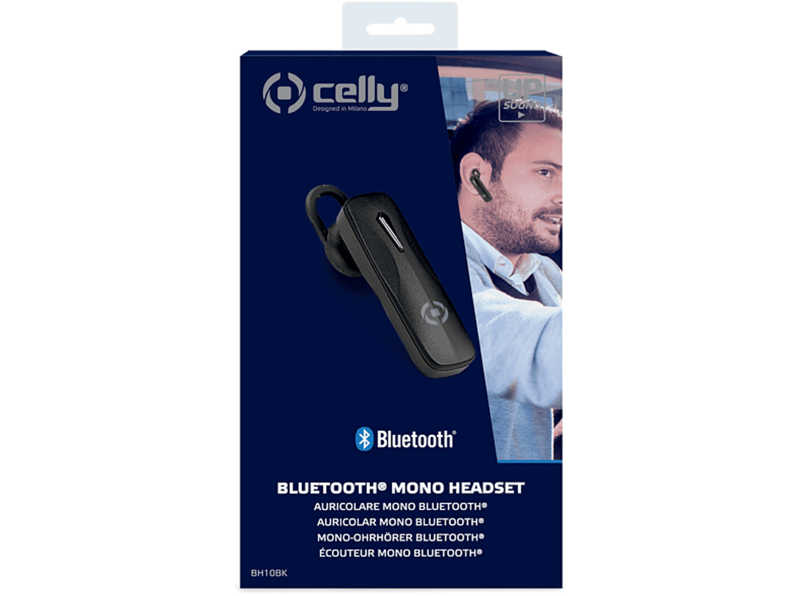 Ein schwarzes Bluetooth Mono-Headset in einer Box. Die Verpackung zeigt einen Mann beim Telefonieren.