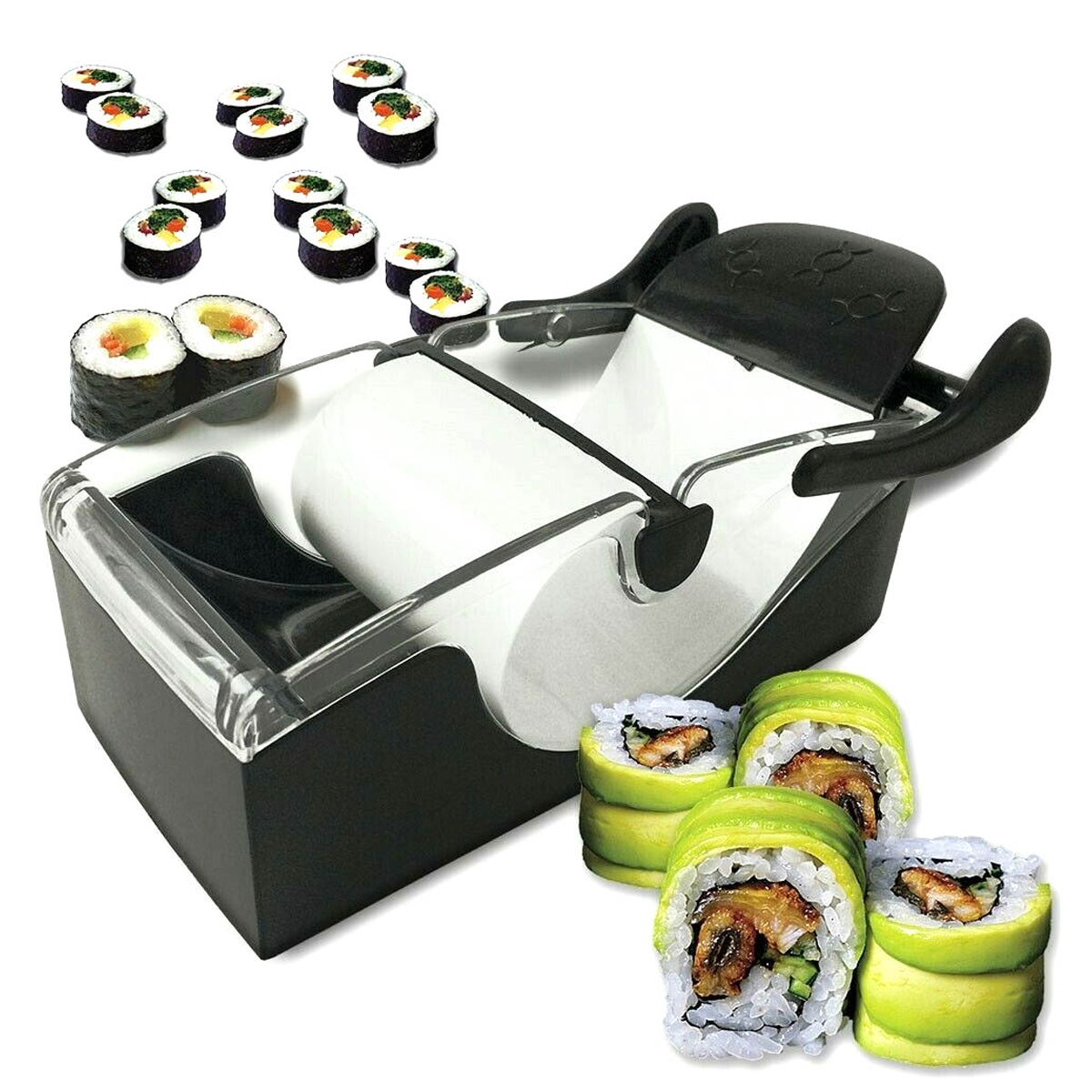 Kit para hacer sushi con rollos de sushi, algunos terminados y otros en proceso de elaboración.