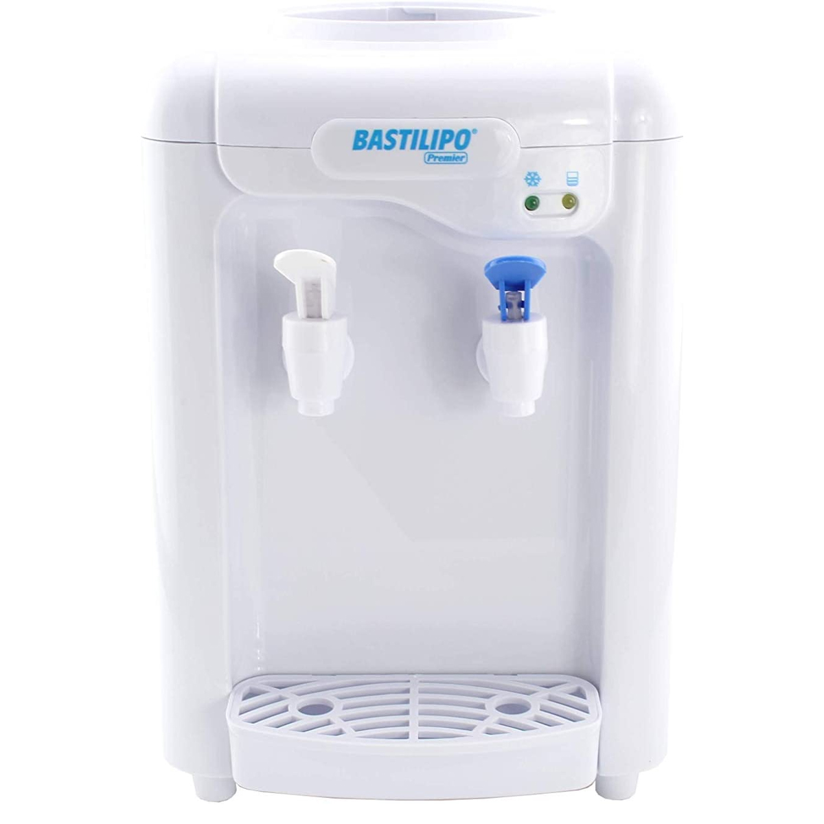 Un distributore d'acqua bianco con due rubinetti e un piccolo vassoio.