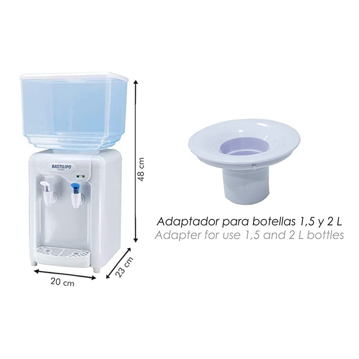 Erogatore d'acqua bianco e blu con bottiglia sopra. Adattatore accanto.