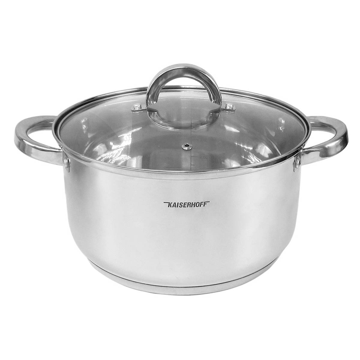Una olla de acero inoxidable con tapa de cristal, sobre una superficie blanca.