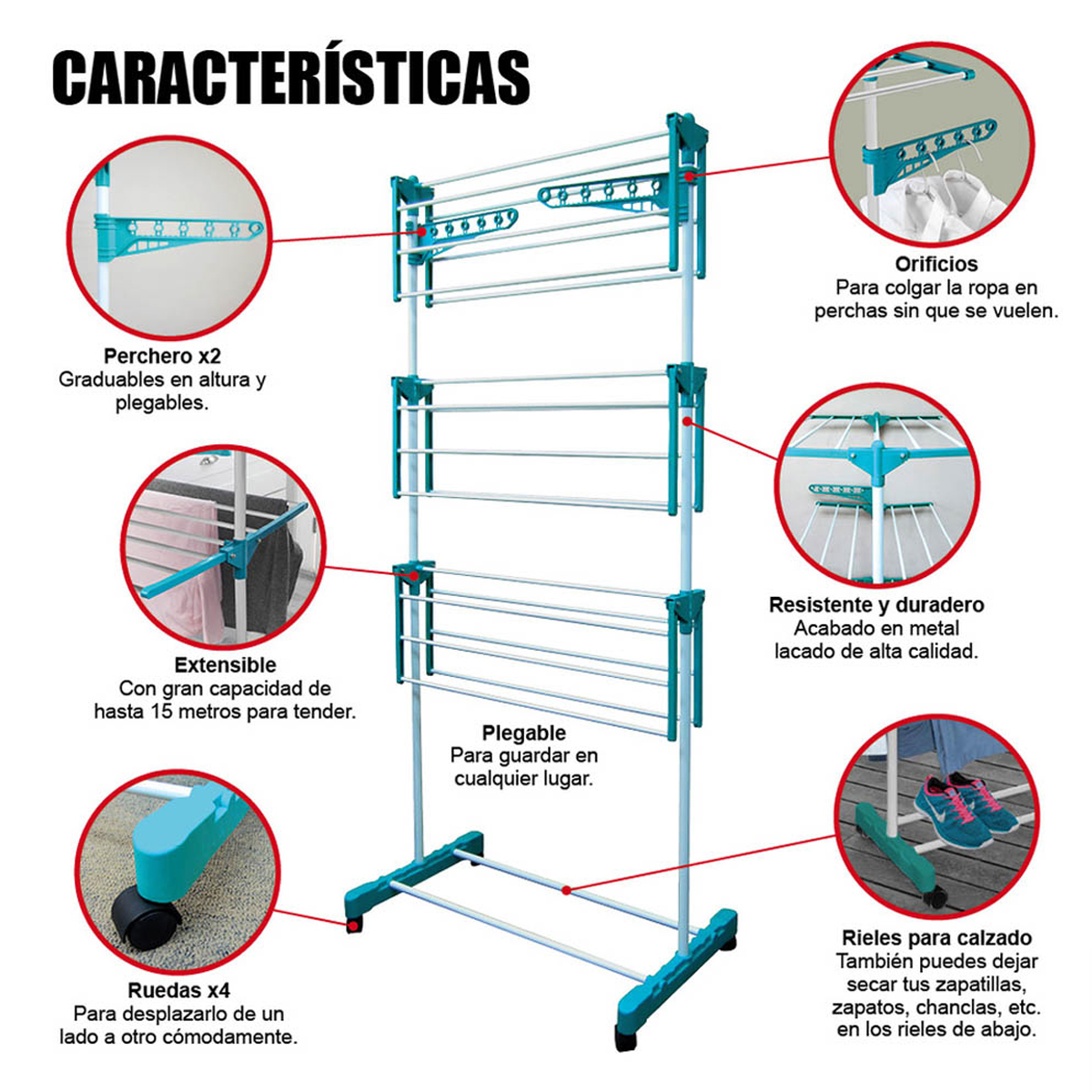 Tendedero azul y blanco con etiquetas en español. Tiene perchas, estantes y ruedas.