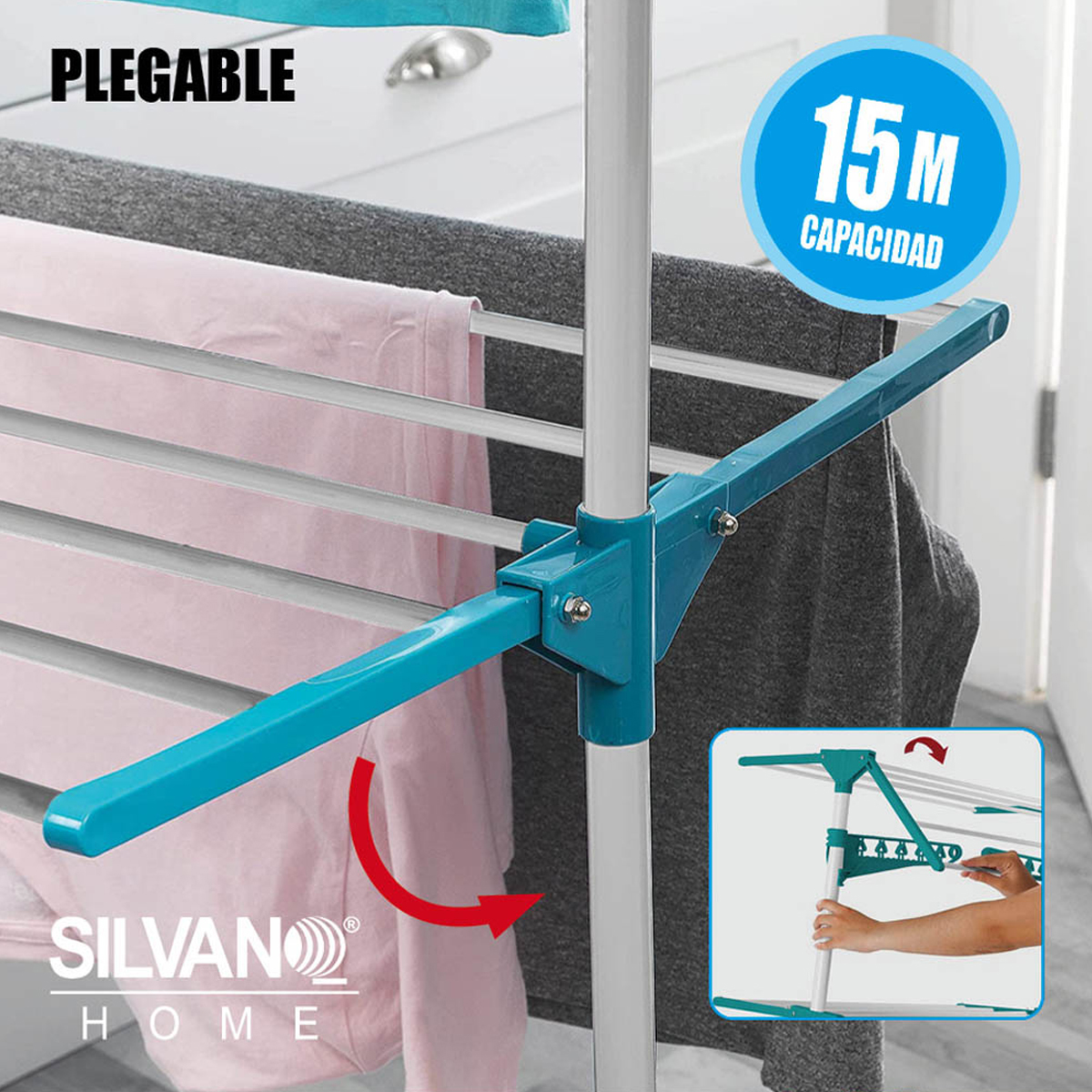 Tendedero plegable. Ropa rosa y gris colgando. Barras de soporte azules.
