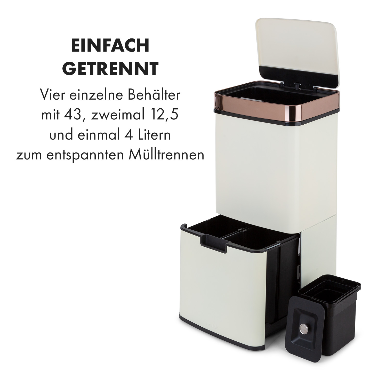 Creme- und Bronzefarbene Mülltonne mit vier Fächern zur Mülltrennung. Text auf Deutsch.