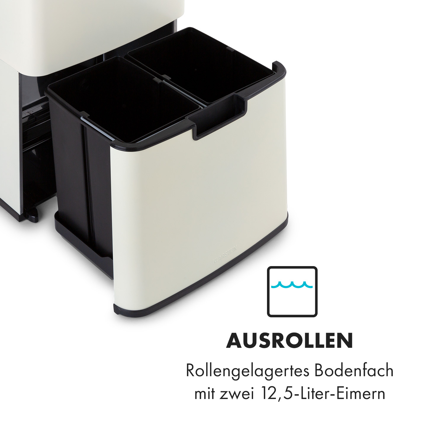 Cremefarbener Müllsortierbehälter mit zwei schwarzen Fächern; Diagramm zeigt Rollen.