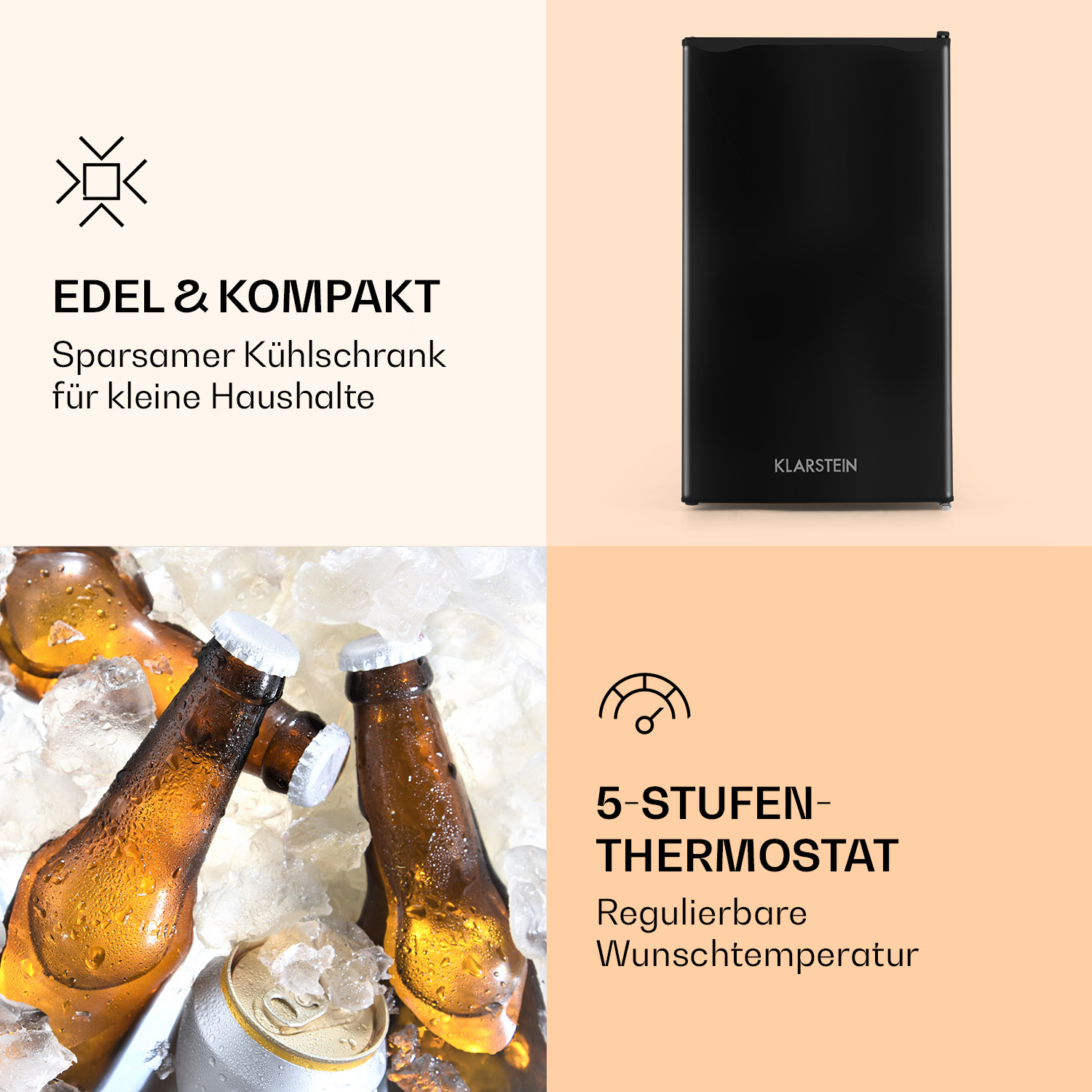 Ein schwarzer Mini-Kühlschrank mit Text und Bildern, die seine Eigenschaften und Design beschreiben.