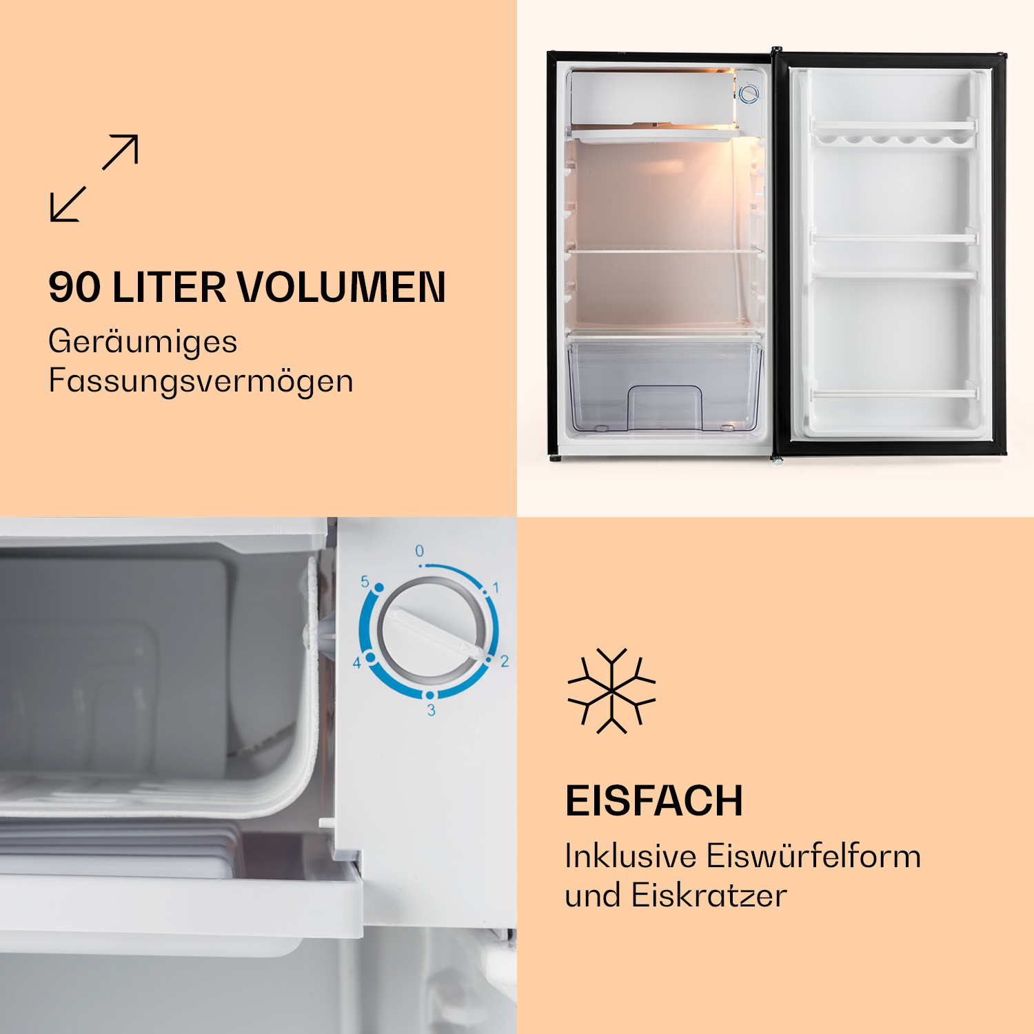 Mini-Kühlschrank, Innenansicht. Zeigt Regale, Schublade und ein Einstellrad.