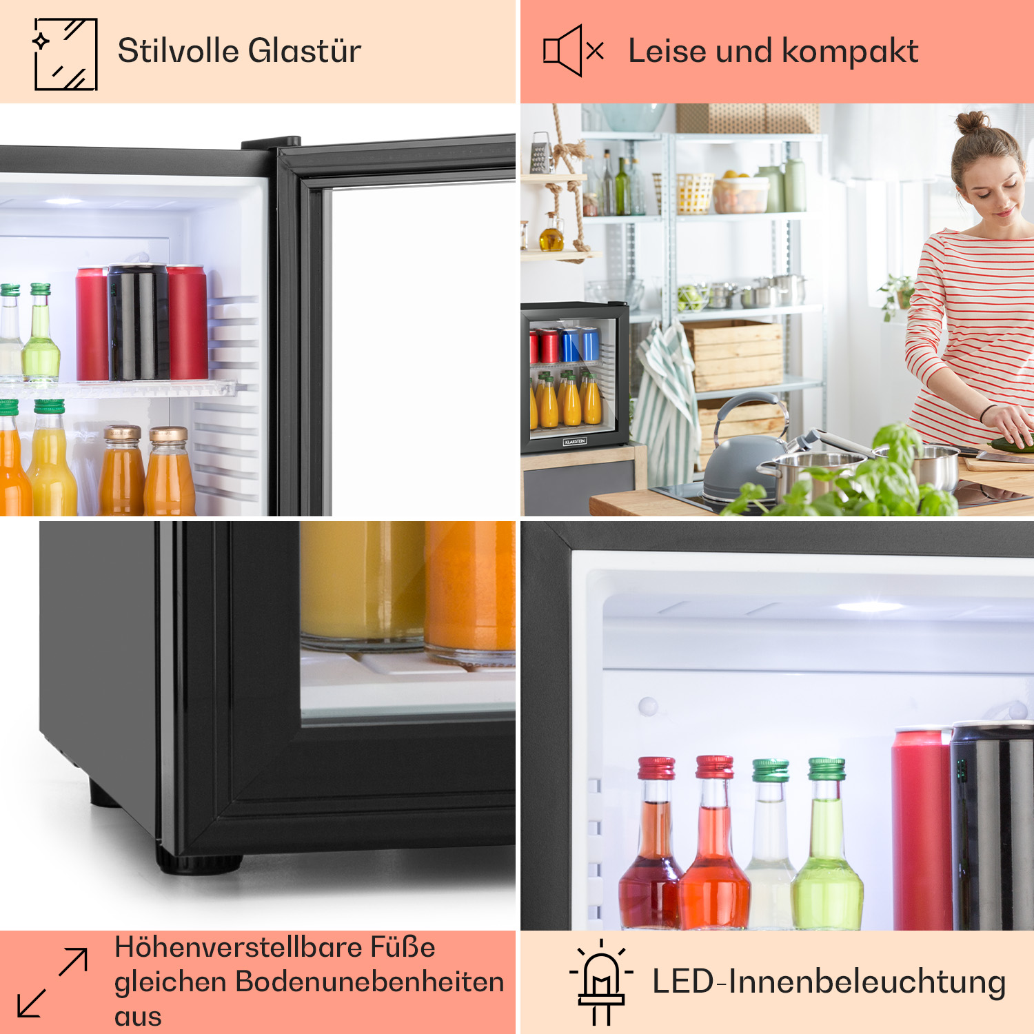 Mini-nevera negra con puerta de cristal, llena de bebidas. Cuenta con patas ajustables y luz LED interior.