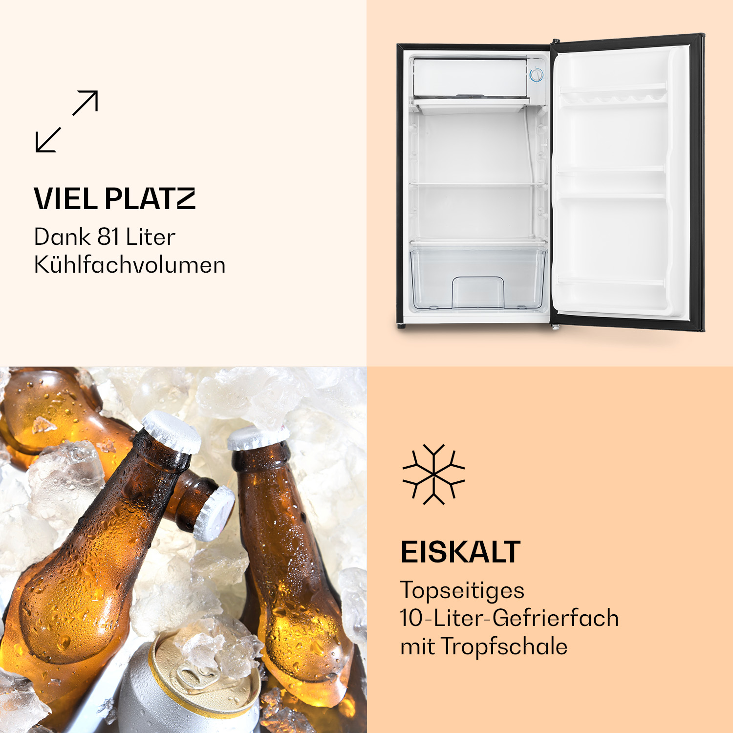 Un piccolo frigorifero nero. All'interno, un congelatore vuoto. Testo: VIEL PLATZ, EISKALT, 81 litri.