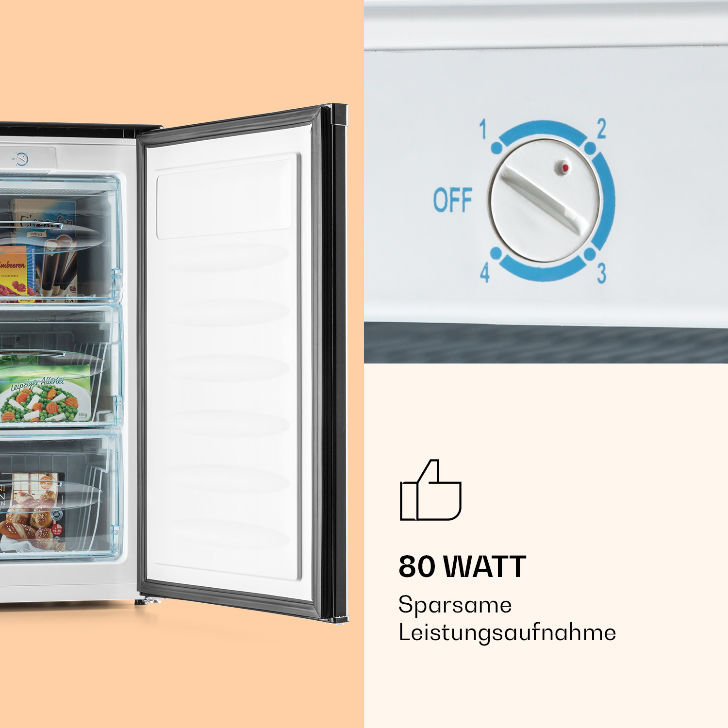 Congelador con la puerta abierta, mostrando estantes con comida. Derecha muestra el control de temperatura.