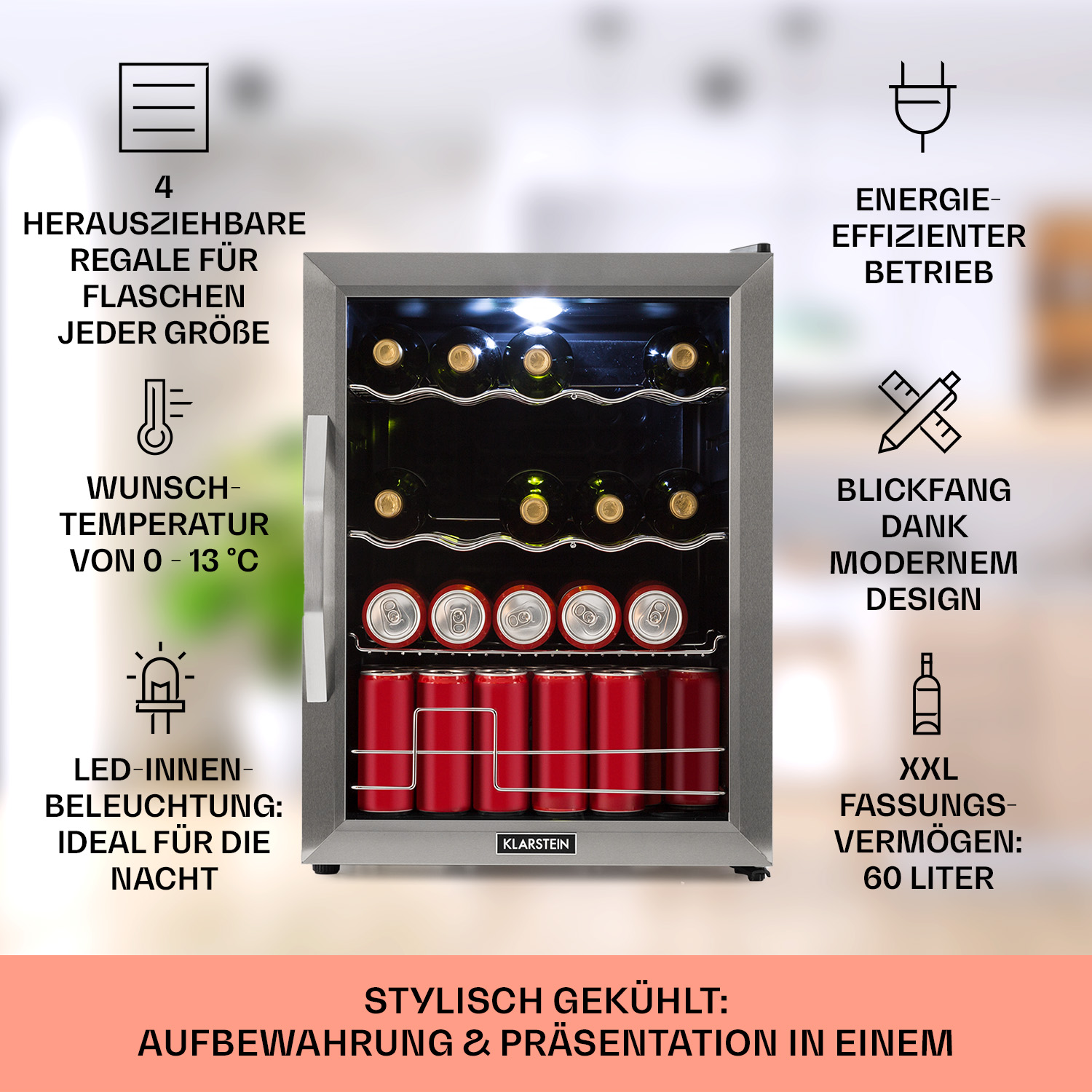 Enfriador de vino con botellas, latas y etiquetas de texto sobre funciones y diseño.