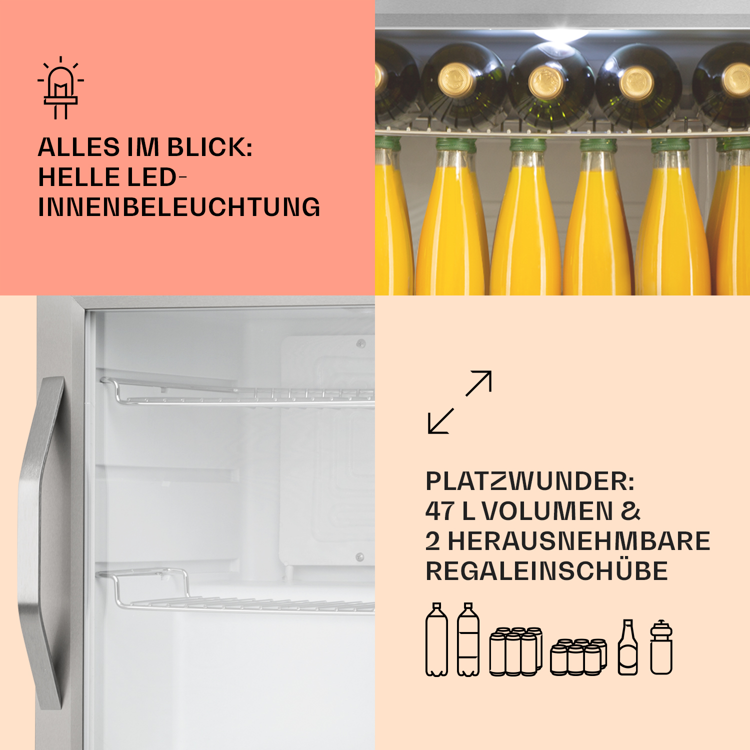 Interior de un enfriador de vino con botellas y botellas de jugo. Estantes y etiquetas visibles.