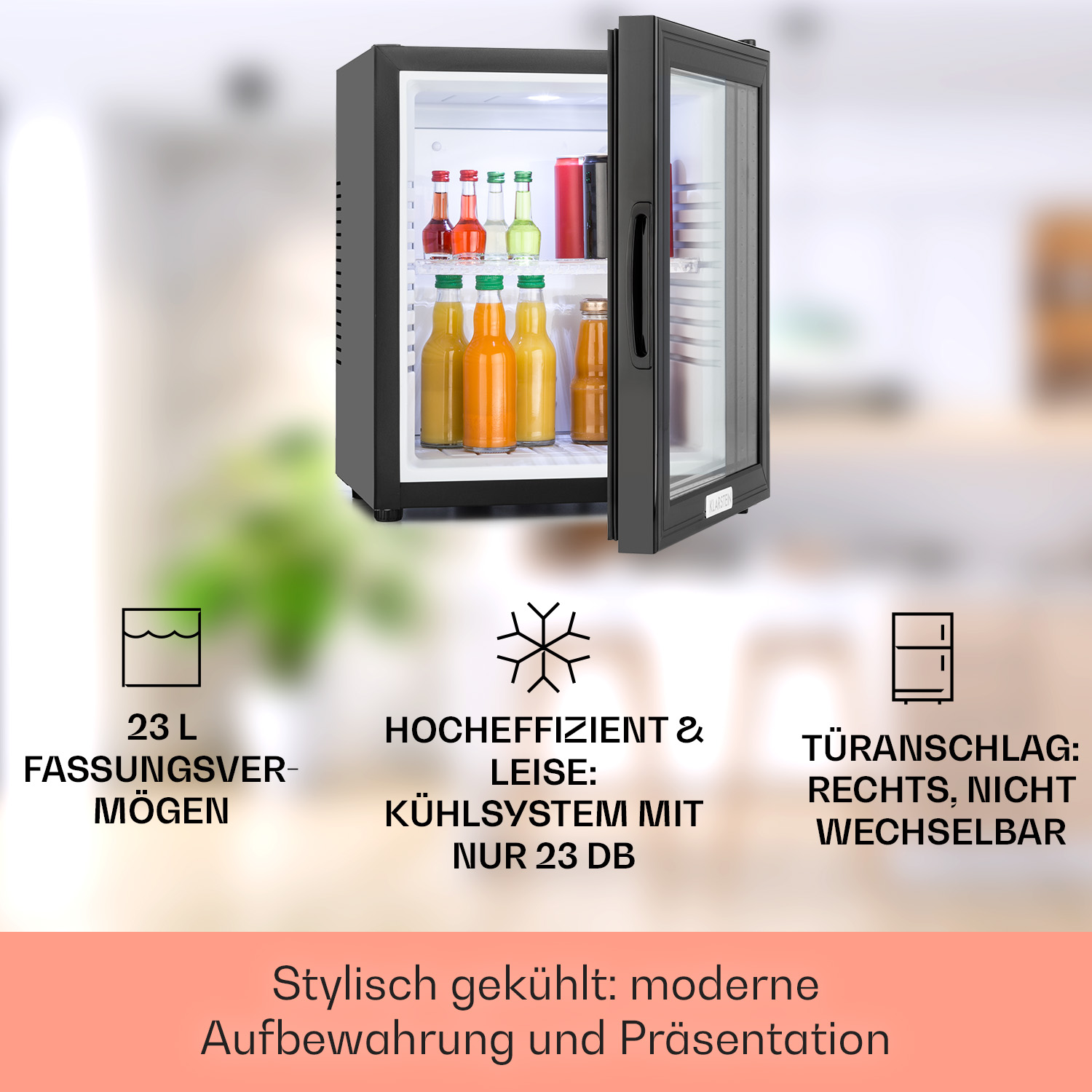 Ein schwarzer Minikühlschrank mit Glastür, gefüllt mit Getränken, mit Text darunter.