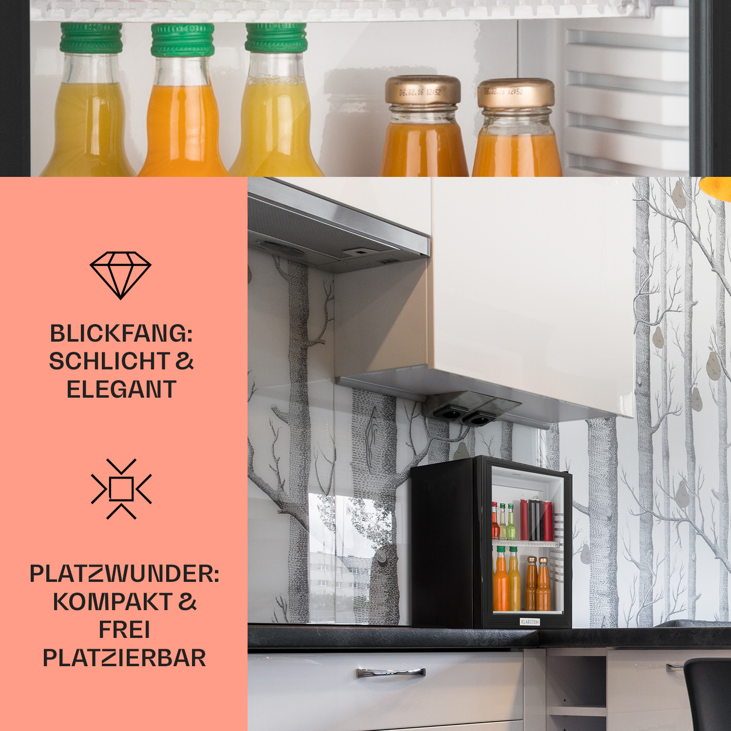 Kücheninterieur mit Mini-Kühlschrank, Text und einer Wand mit Baumtapetenmuster.