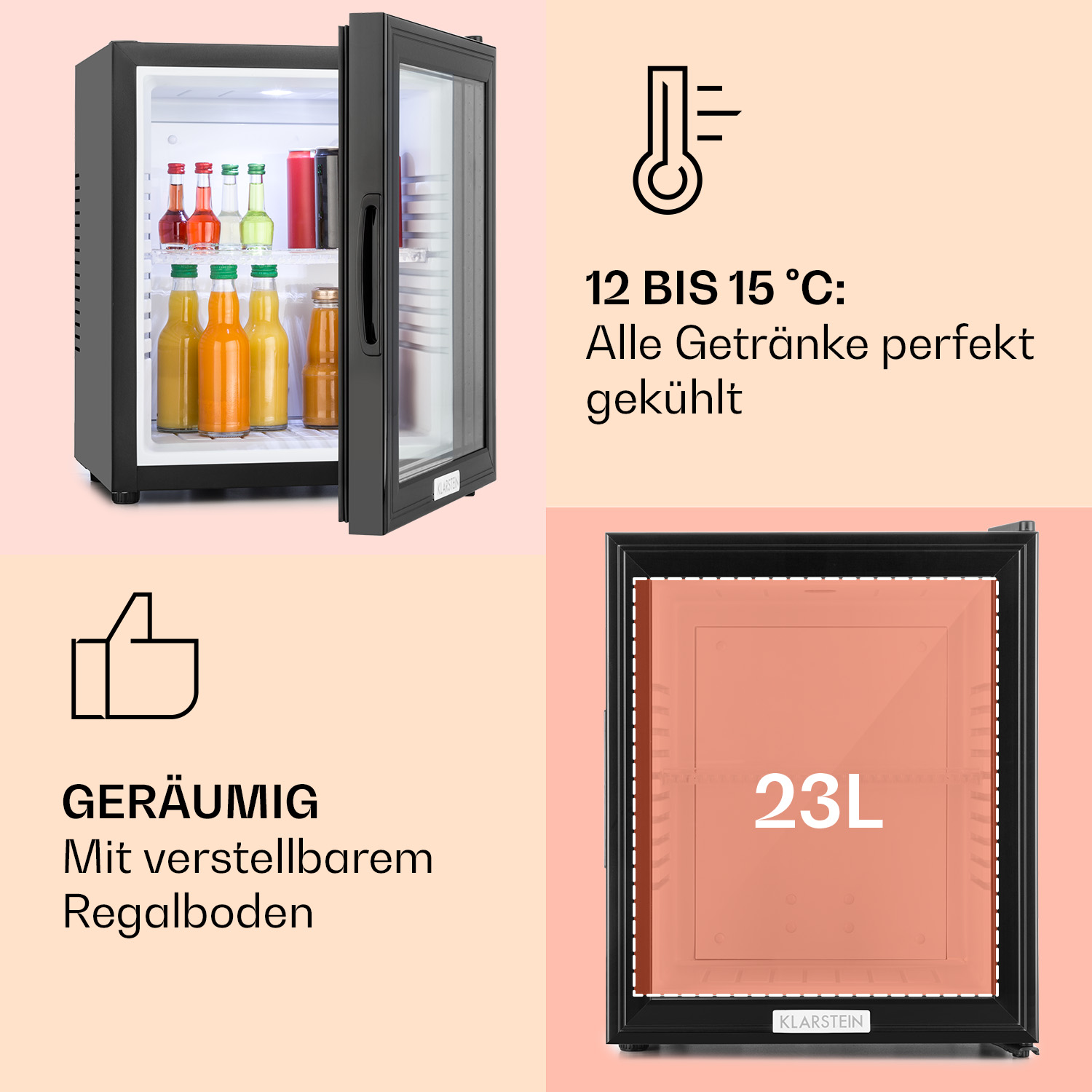 Ein kleiner schwarzer Kühlschrank mit geöffneter Glastür, Getränke innen. Text sagt '23L'.