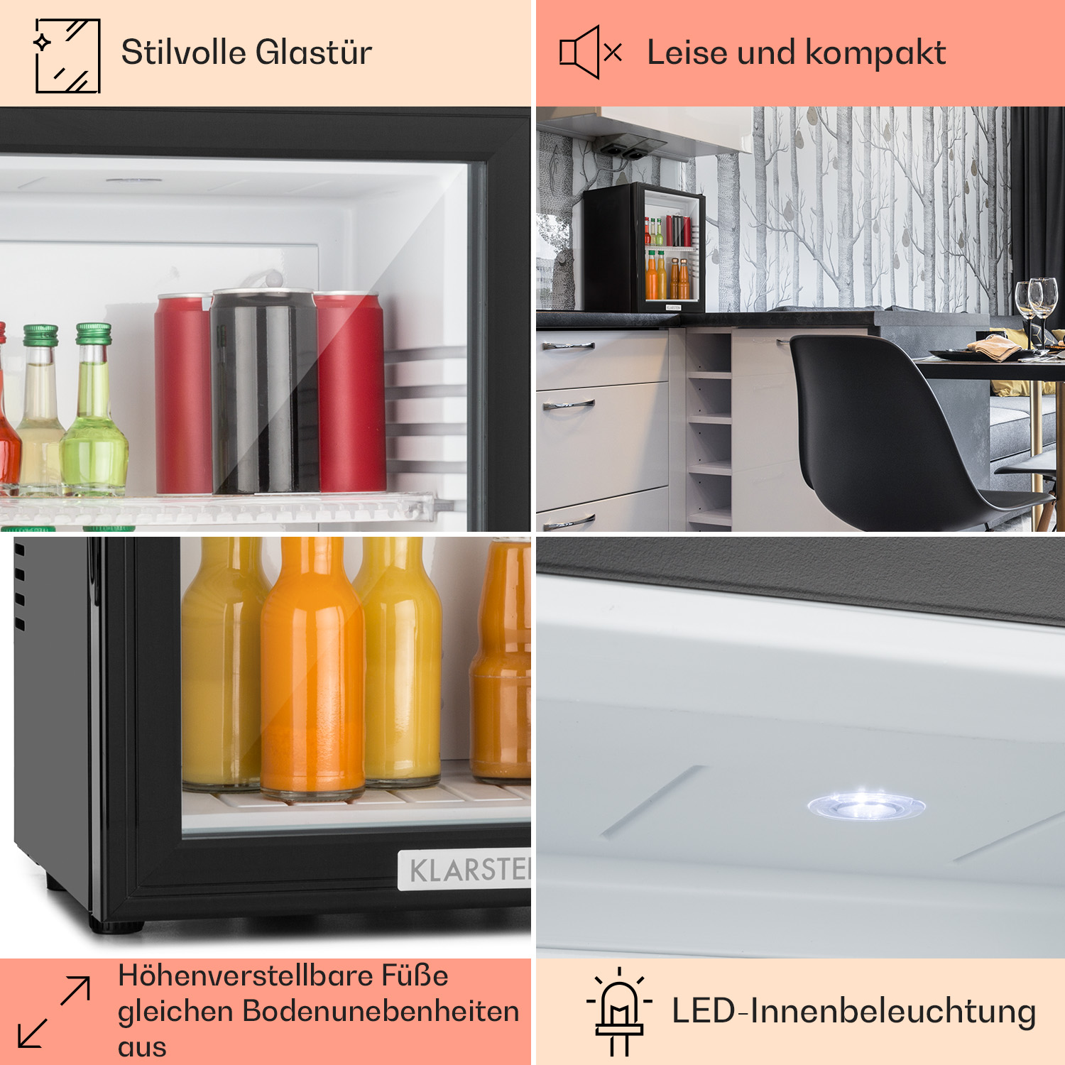 Minikühlschrank mit Glastür, zeigt Dosen, Flaschen und Lichter, schwarzes Gehäuse.