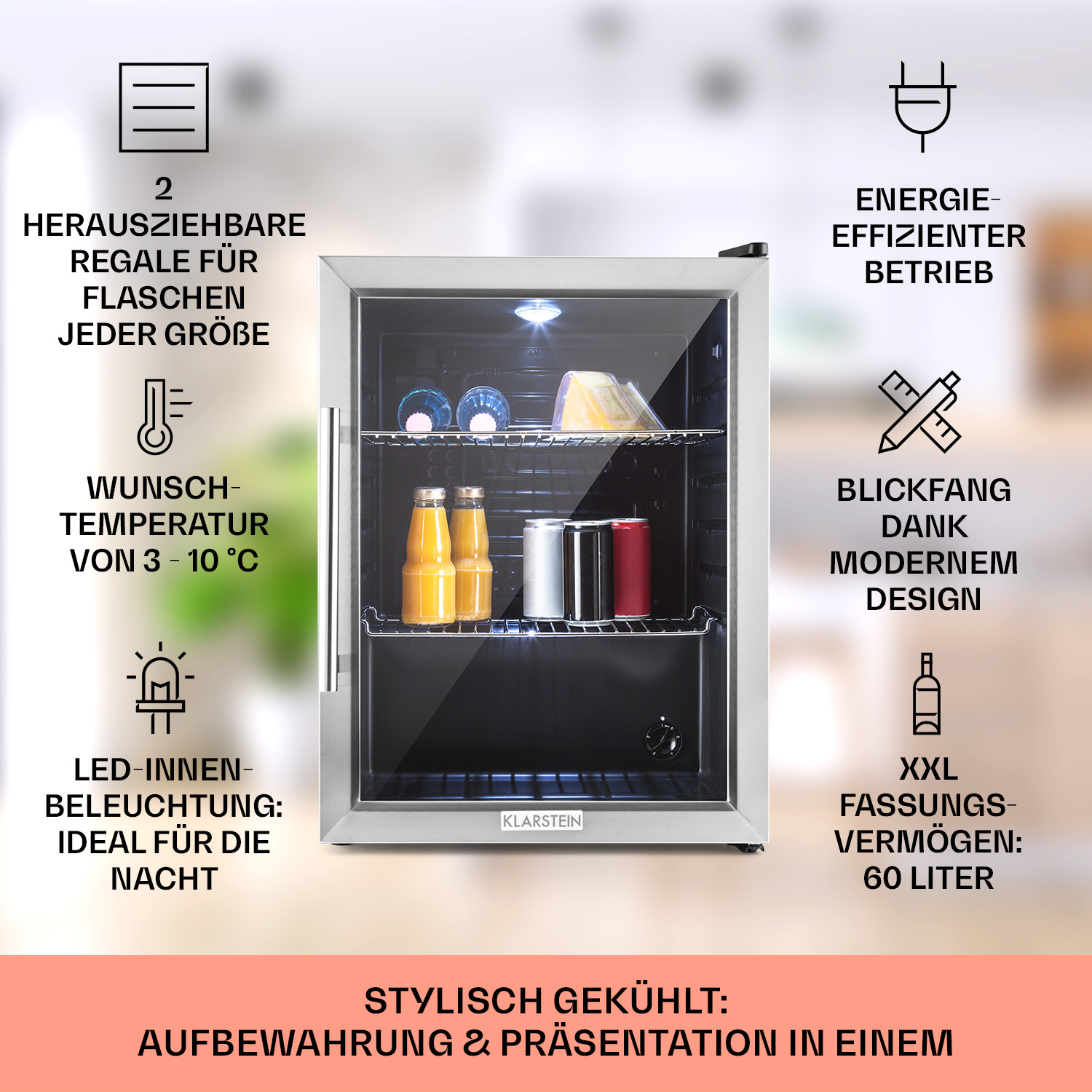 Mini-frigorifero in acciaio inox con porta a vetro. Contiene bevande e cibo. Evidenzia le caratteristiche.