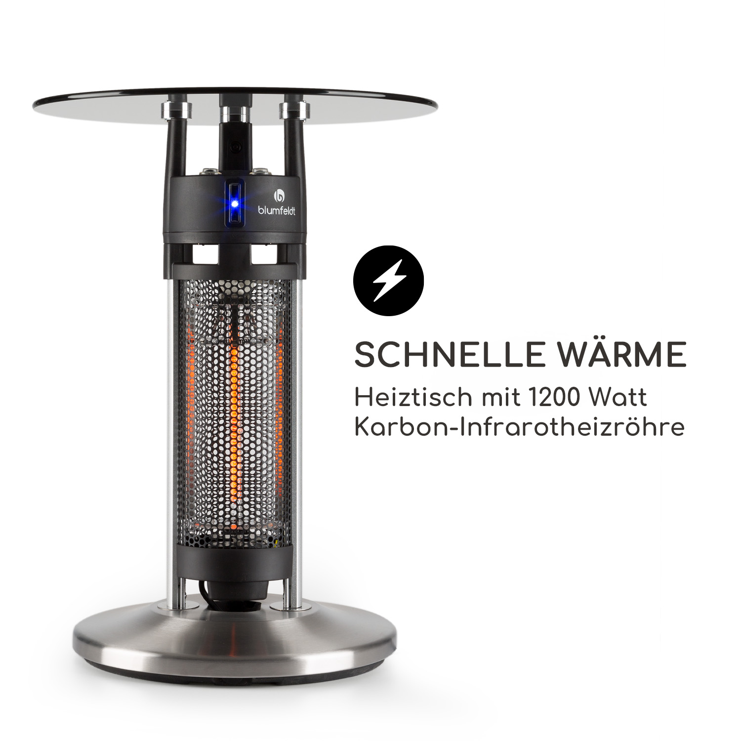 Heizgerät mit Glasplatte und Text: Schnell Wärme, Heistisch mit 1200 Watt.