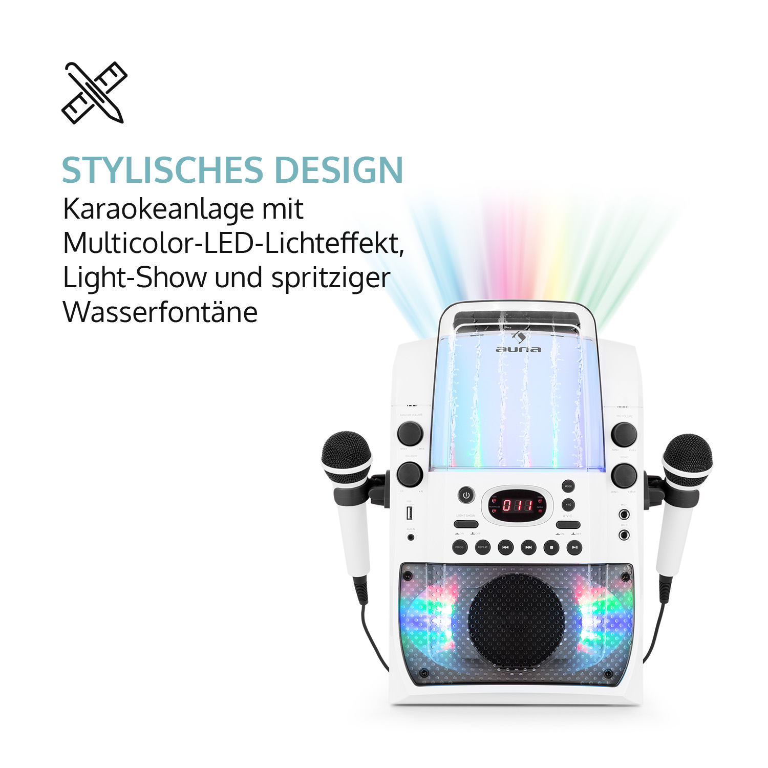 Eine weiße Karaoke-Maschine mit Mikrofonen, bunten Lichtern und Wasserspieleffekt.