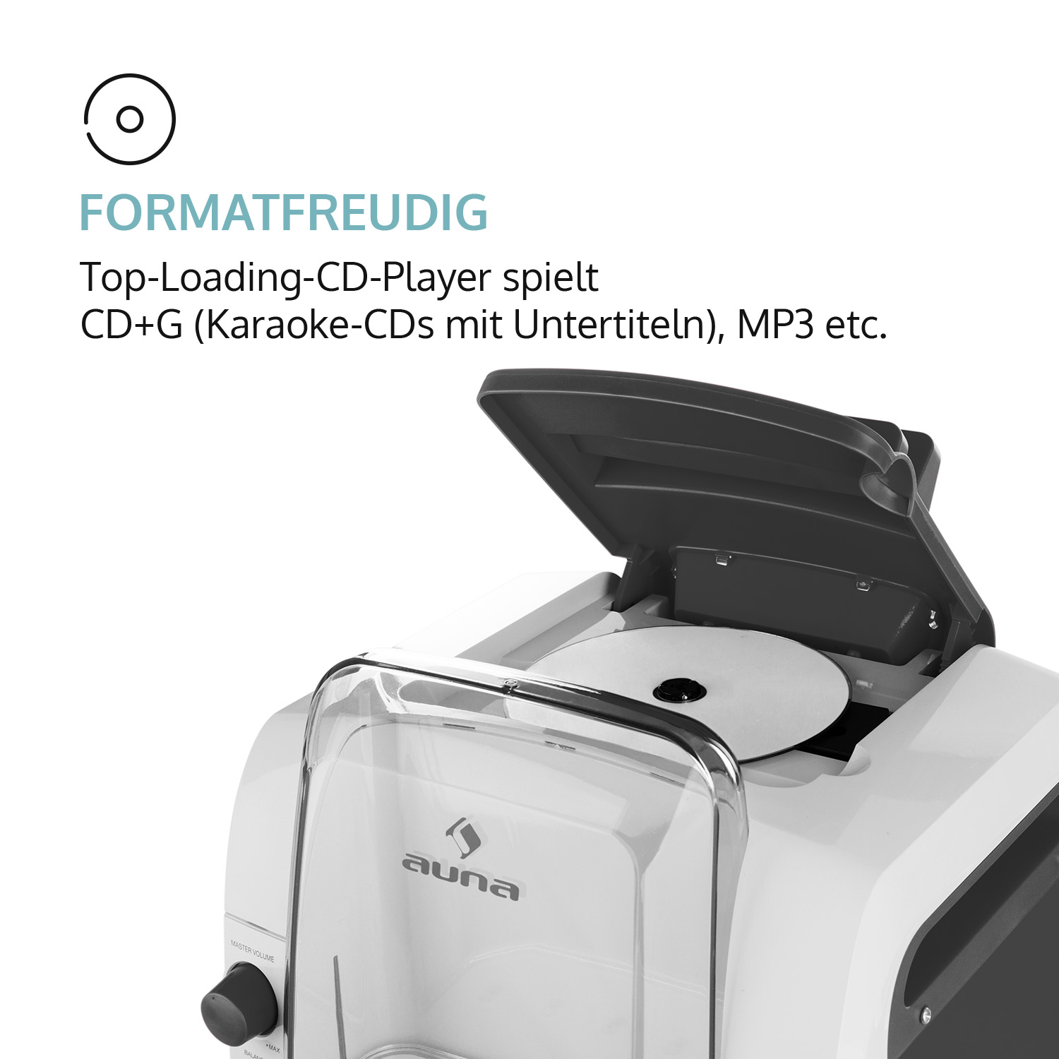 Ein CD-Player mit geöffneter Oberseite, der eine CD zeigt, mit Text, der seine Formatkompatibilität beschreibt.