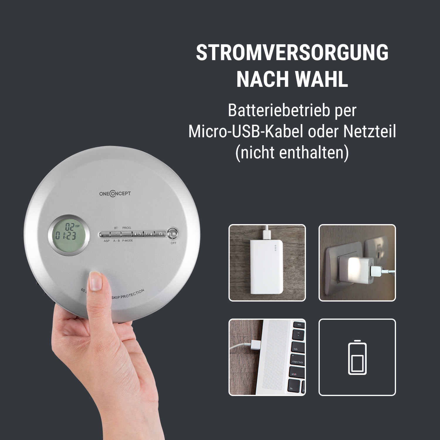 Silberner tragbarer CD-Player in der Hand. Enthält Bildschirm und Knöpfe. Bild von Optionen.