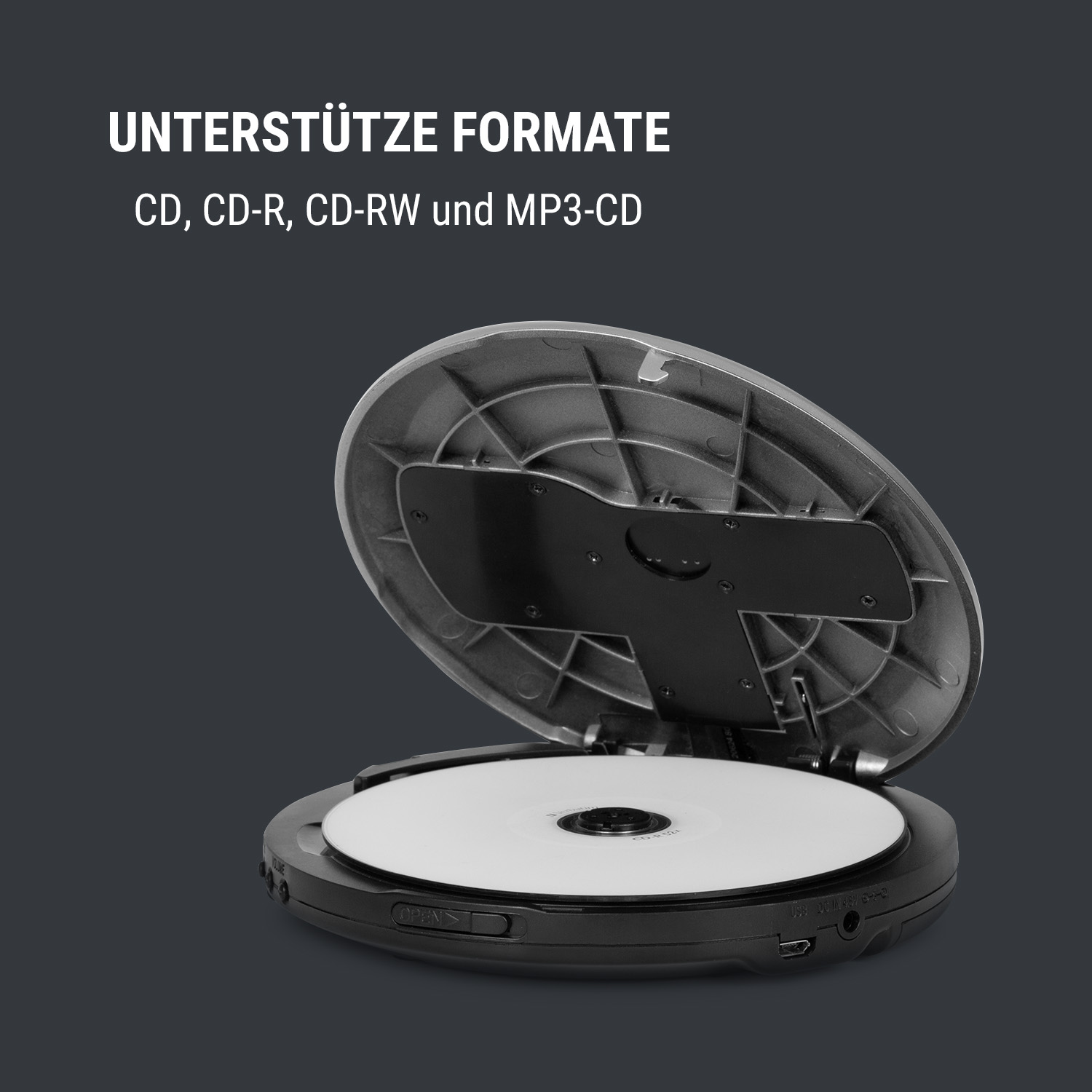 Ein schwarz-grauer CD-Player mit offenem Deckel und einer CD darin.