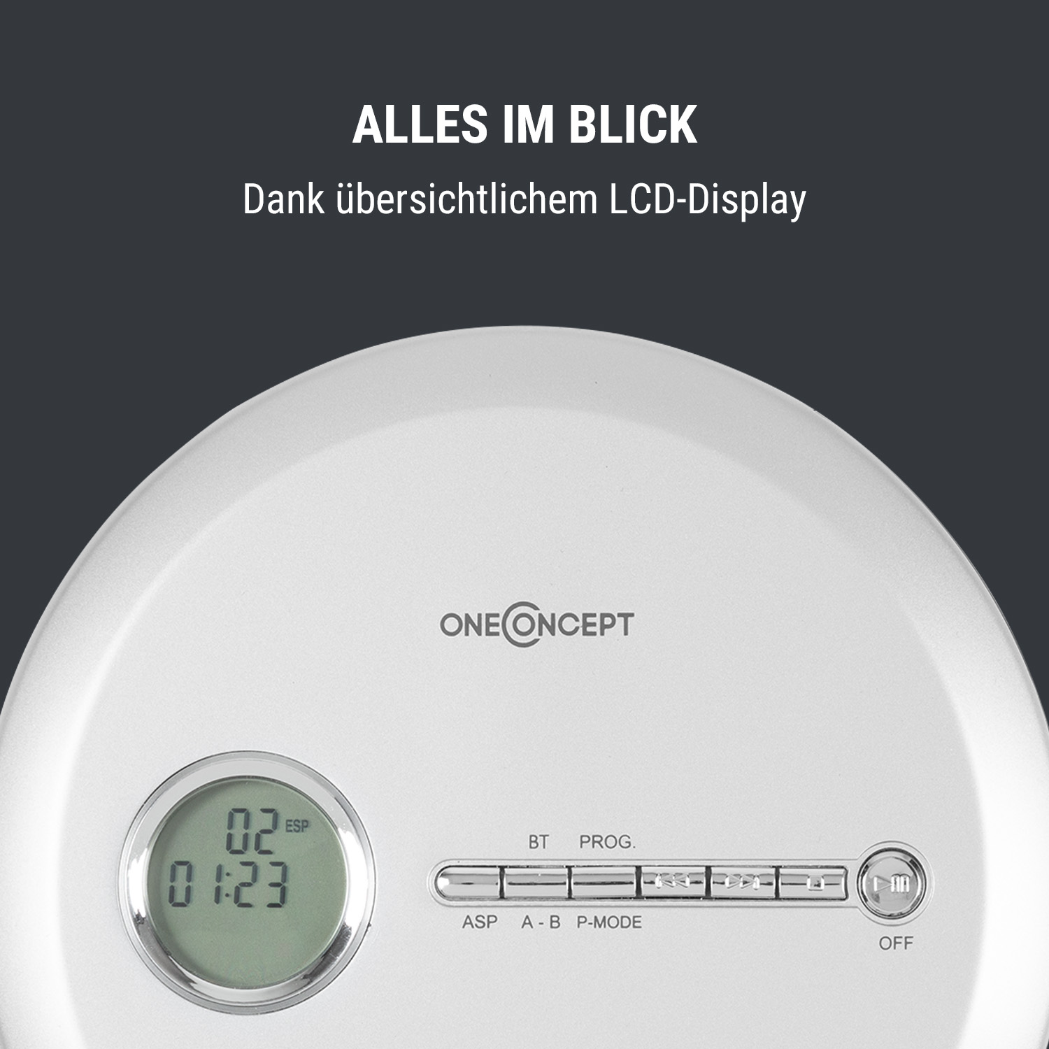 Weißer CD-Player mit LCD-Anzeige und Knöpfen. Text: Alles im Blick.