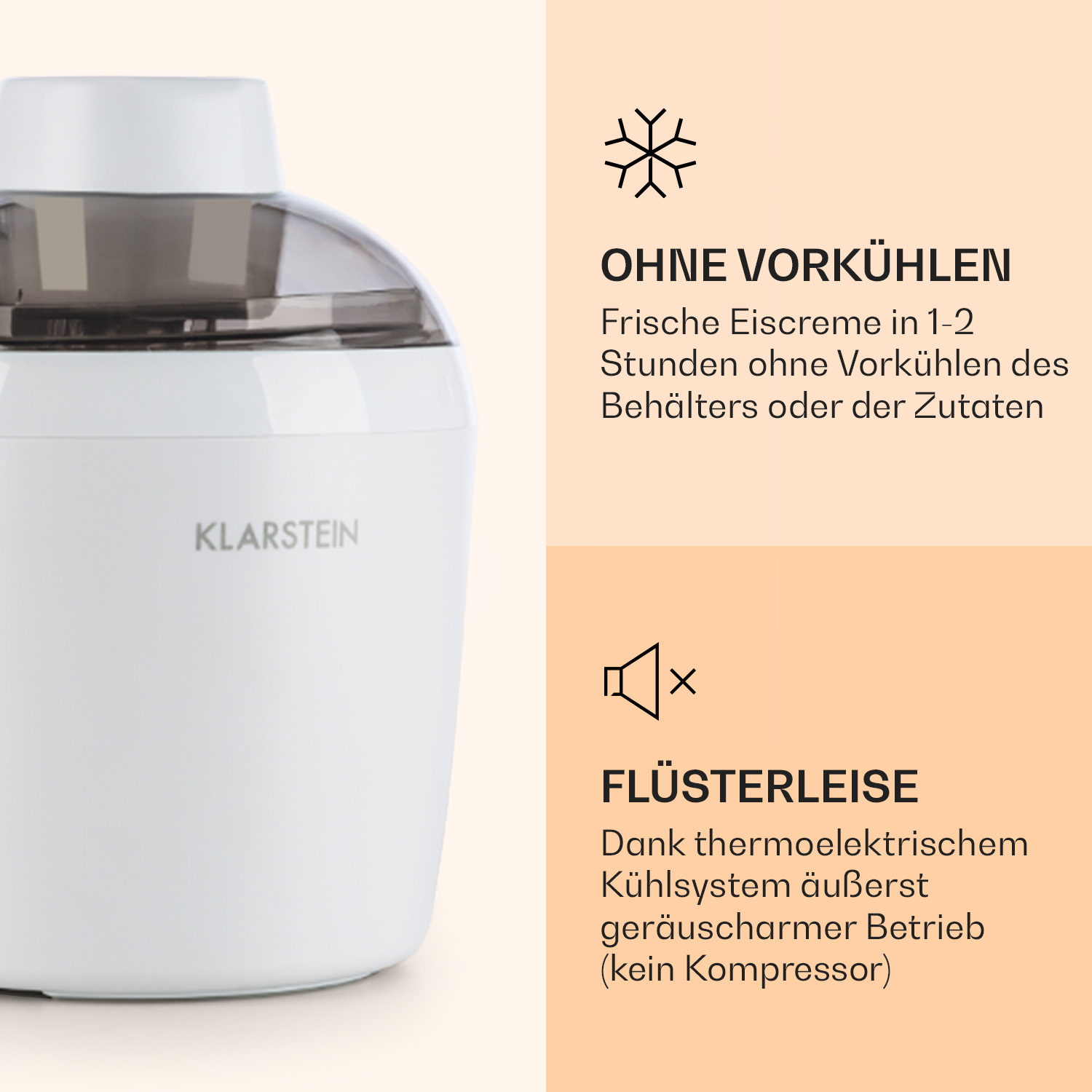 Weißer Eisbereiter mit grauem Deckel, Klarstein-Logo, Text über Funktionen.