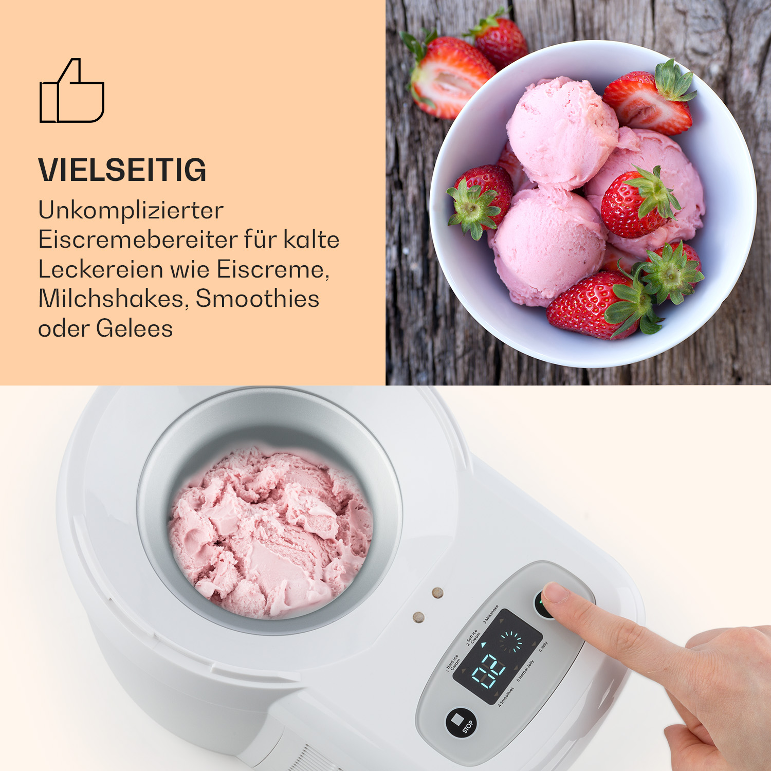 Eismaschine mit rosa Eis und Erdbeeren. Hand drückt einen Knopf. Text beschreibt Eis.