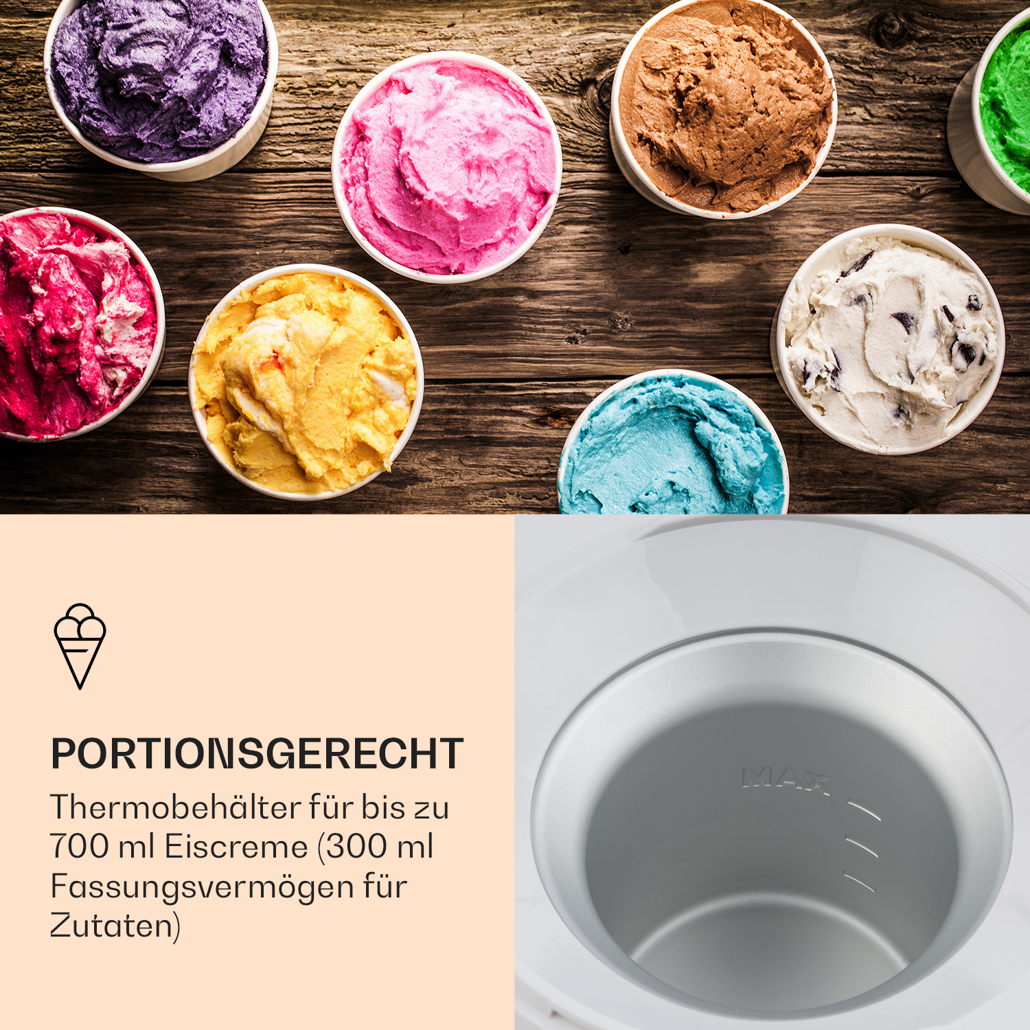 Verschiedene Eissorten in kleinen Schalen. Schalen auf Holzoberfläche. Behälter für Eismaschine wird gezeigt.