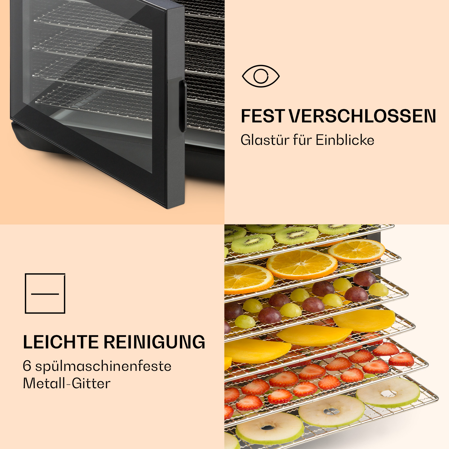 Immagine di un essiccatore alimentare con testo. All'interno ci sono frutta secca.