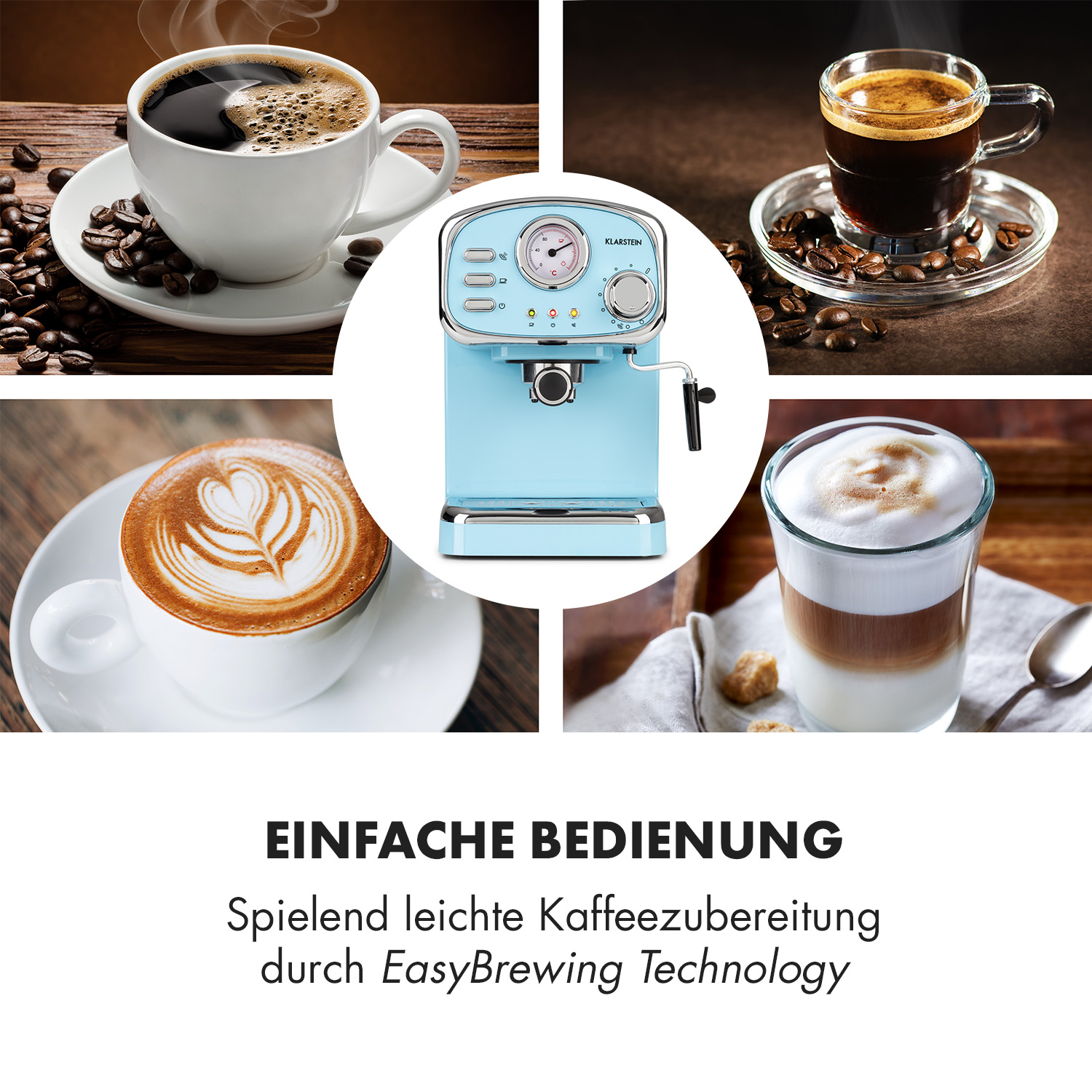 Eine hellblaue Espressomaschine mit Kaffeetassen und Bohnen. Unten steht „Einfache Bedienung“.