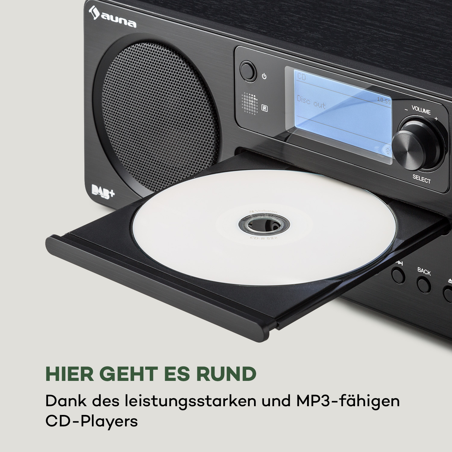 Eine schwarze Stereoanlage mit offenem CD-Fach. Text: Dank des leistungsstarken und MP3-fähigen CD-Players.