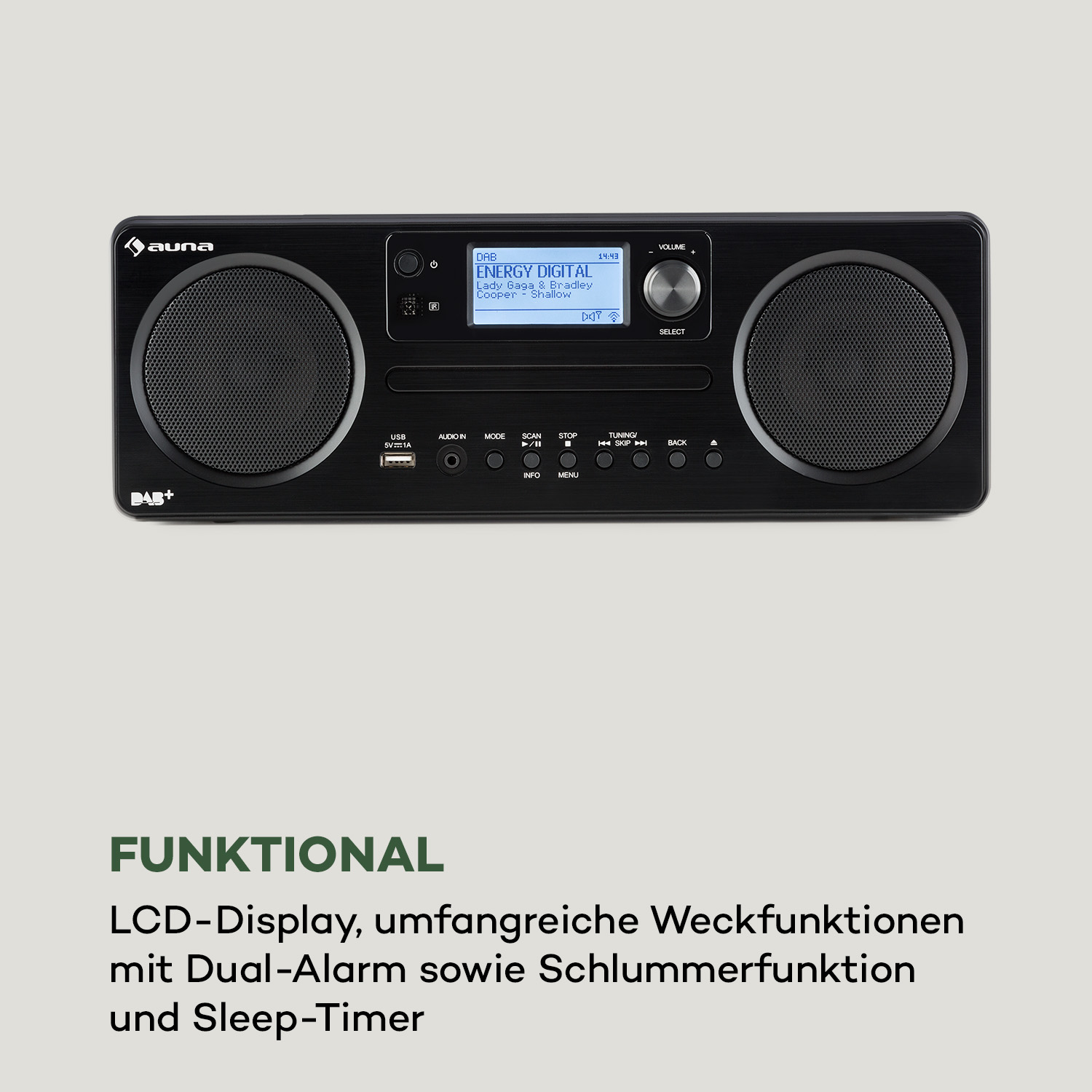 Schwarzes auna-Radio mit Display, Knöpfen und Lautsprechern. Text: FUNKTIONAL und Info.