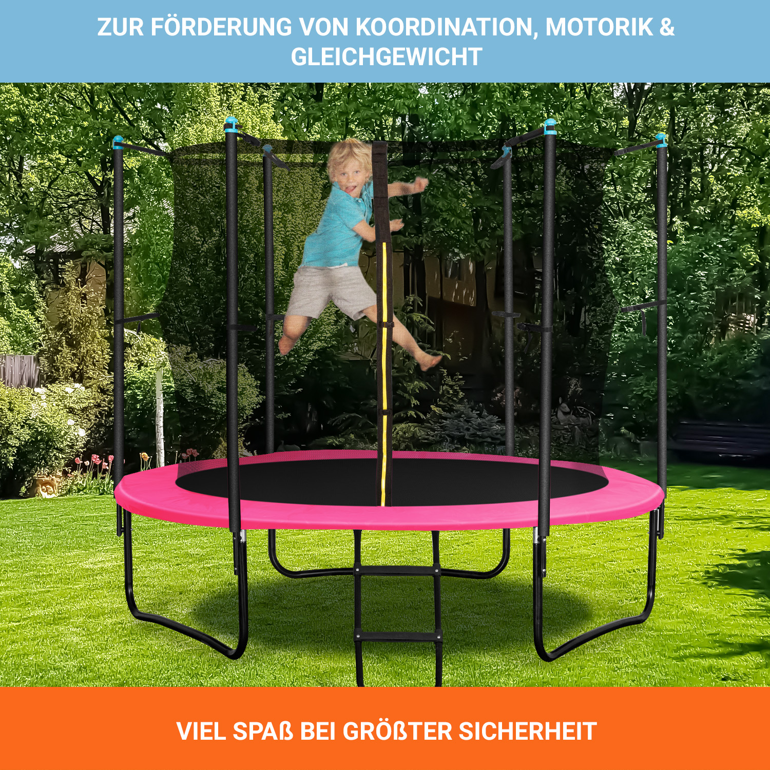 Junge springt auf pinkem Trampolin, schwarzes Netz, grünes Gras, Bäume im Hintergrund.