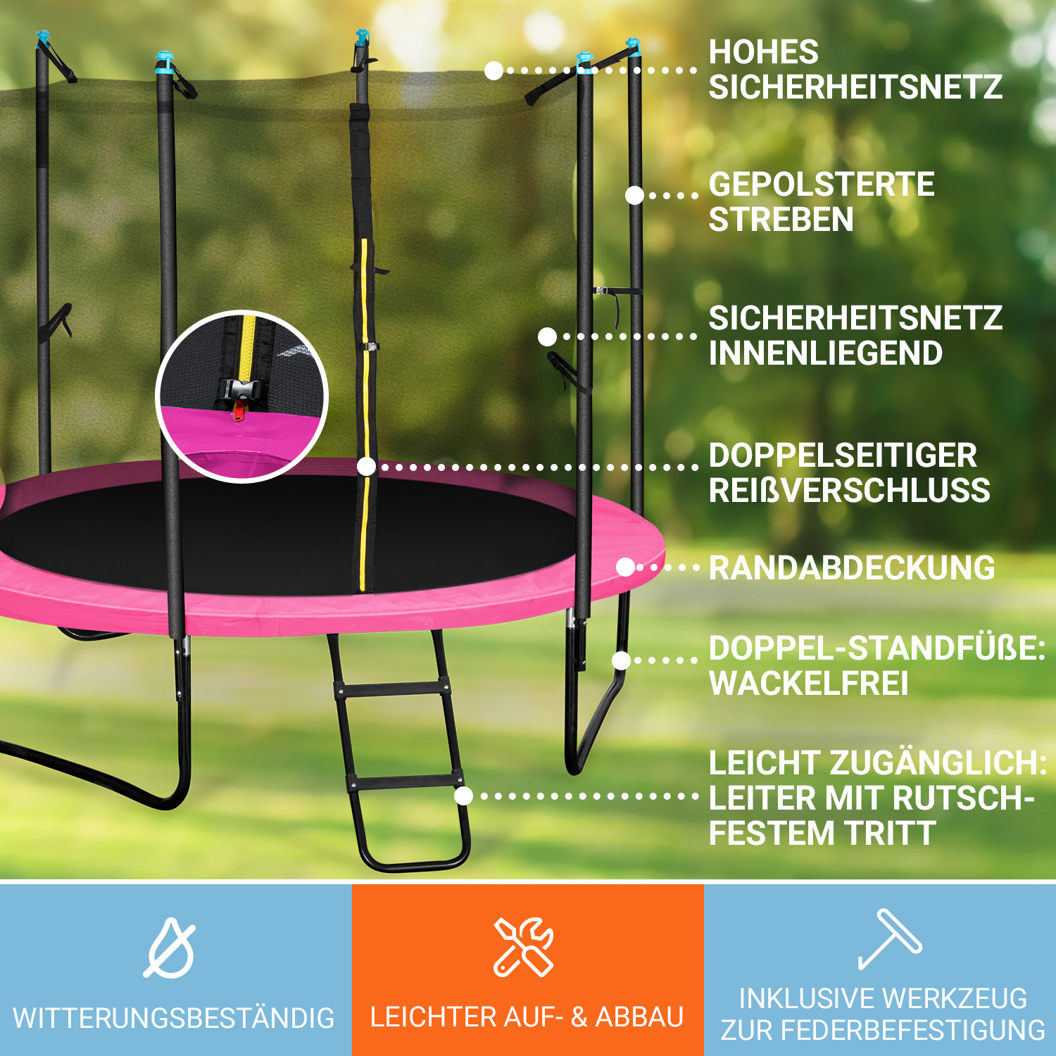 Ein pinkfarbenes Trampolin mit Sicherheitsnetz und Leiter, mit Text: hohes Sicherheitsnetz, gepolsterte Streben und mehr.