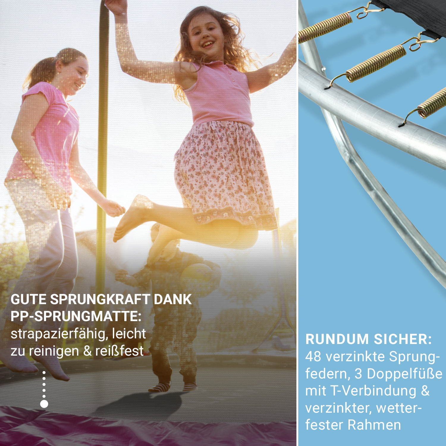 Zwei Mädchen springen auf einem Trampolin. Text über Matte und Sicherheitsmerkmale.