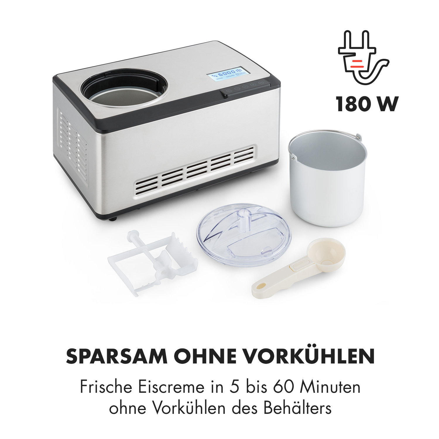 Eine Eismaschine mit Komponenten und Text über die Herstellung von frischem Eis in Minuten.