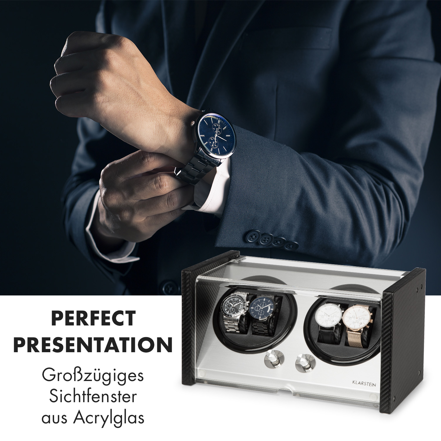 Ein Mann trägt eine Uhr, mit einer Uhrenbeweger-Box im Vordergrund mit Uhren darin.