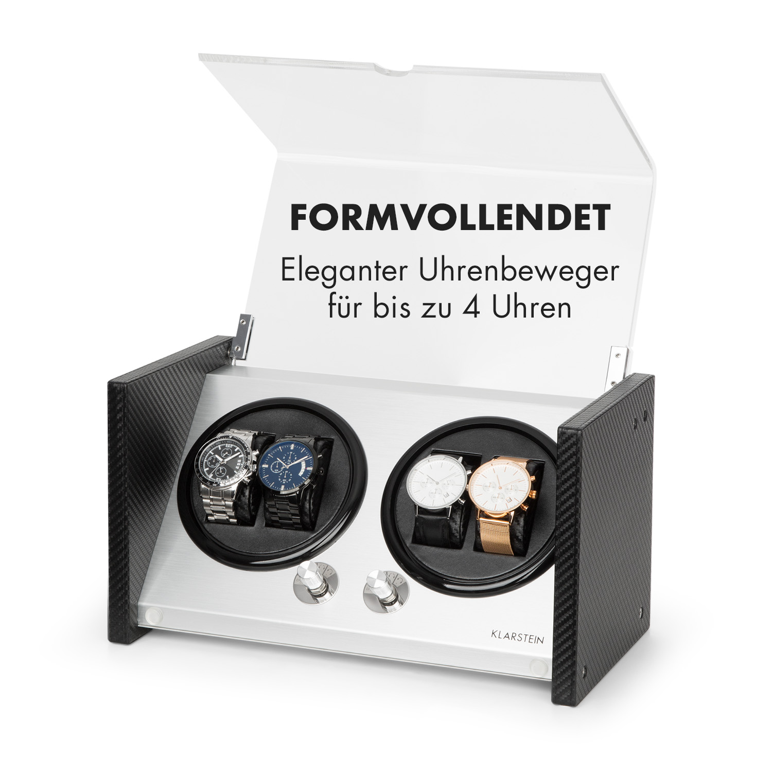 Uhrenbeweger mit zwei Uhren, einer durchsichtigen Abdeckung und dem Text 'FORMVOLLENDET'.