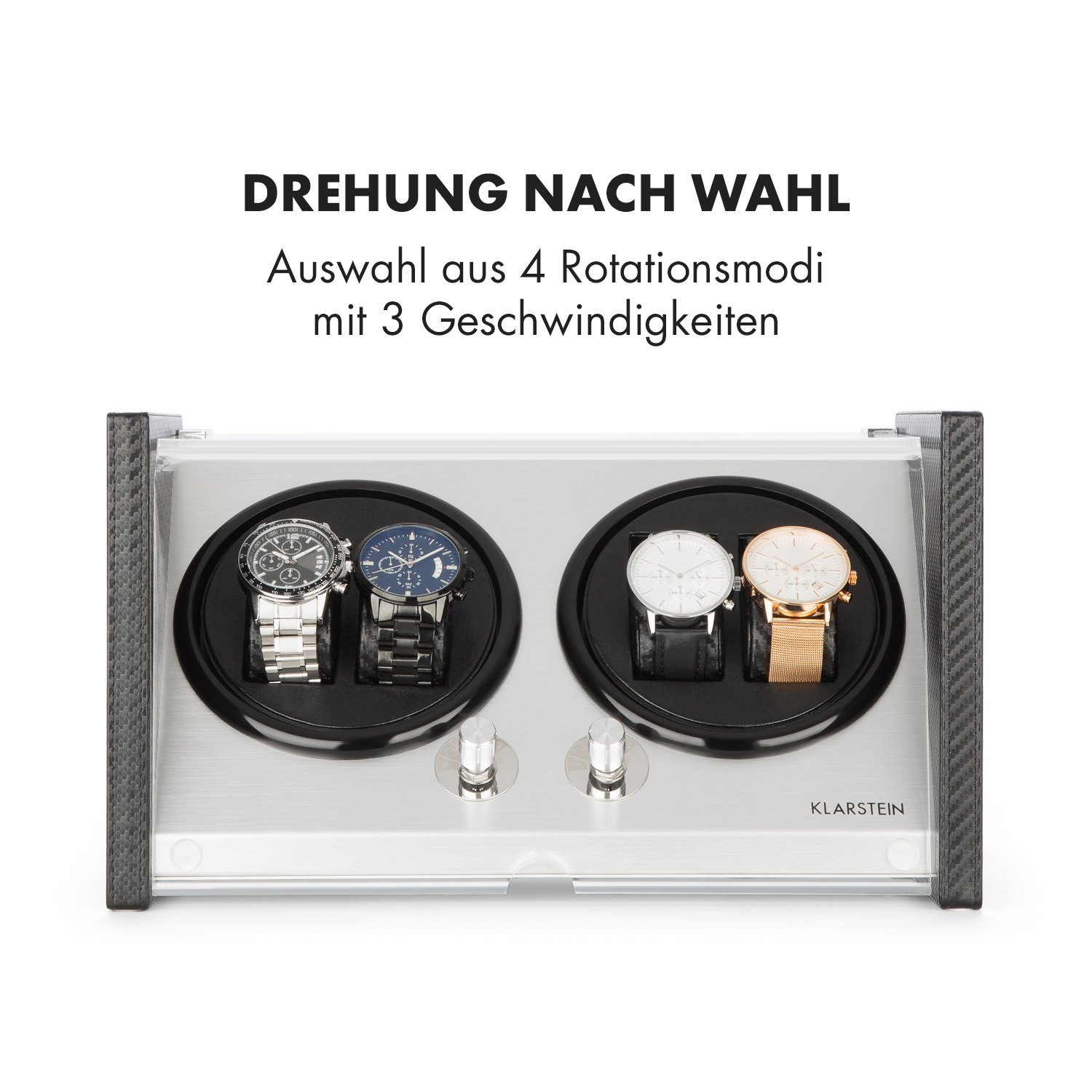 Uhrenbeweger mit vier Uhren. Text auf Deutsch über dem Gerät. Silber und Schwarz.