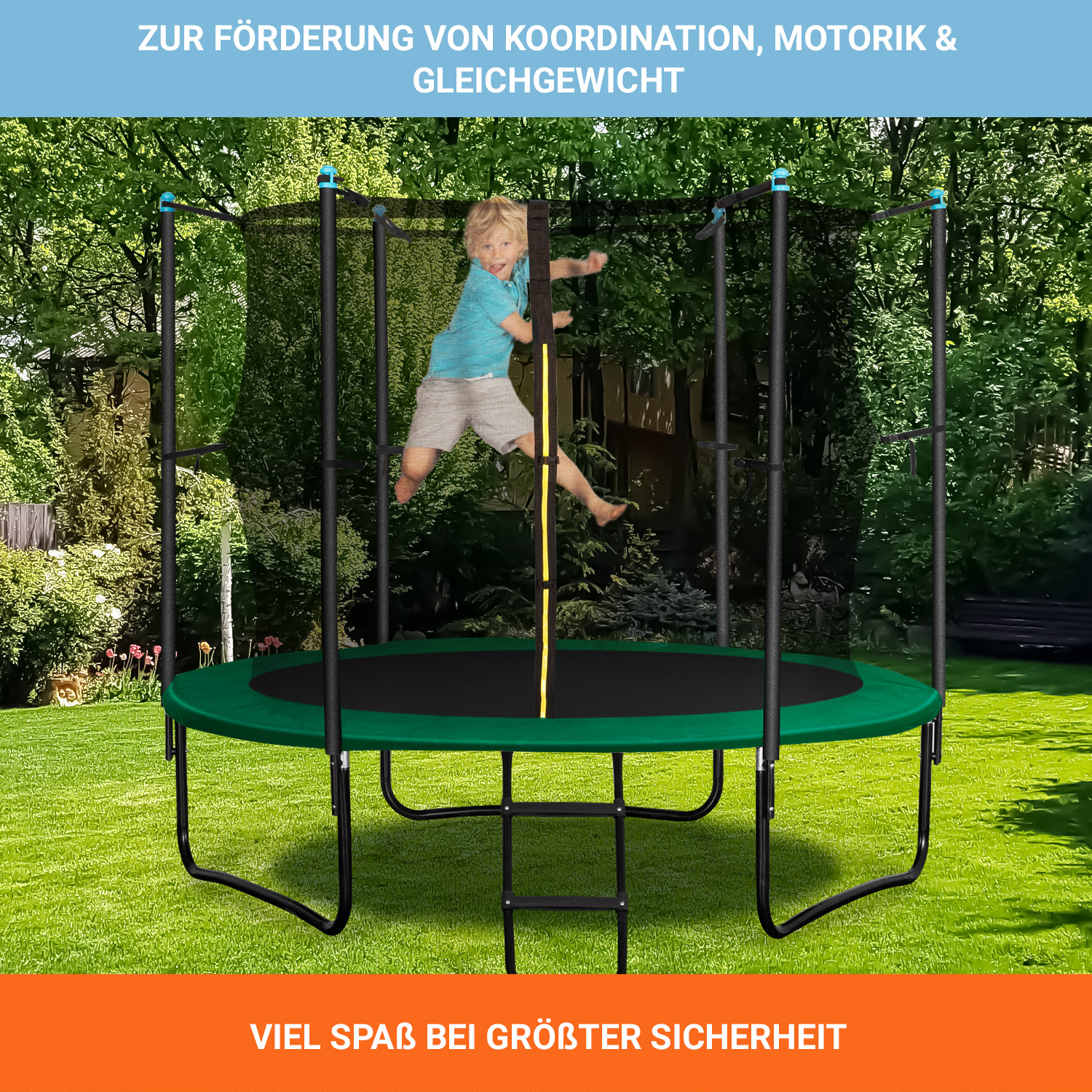 Ein Kind springt auf einem grünen Trampolin im Garten. Text: Viel Spaß bei größter Sicherheit.
