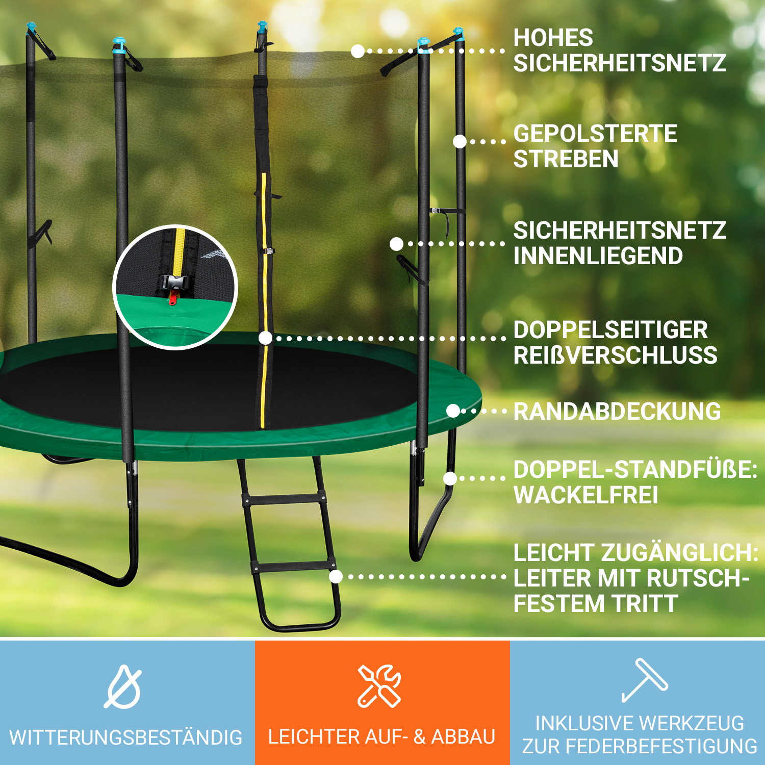 Ein grünes Trampolin in einer grünen, grasbewachsenen Fläche mit blauem Himmel.