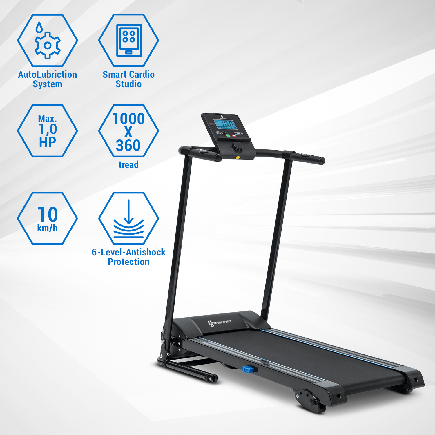 Ein schwarzes Laufband mit digitaler Anzeige und Symbolen. Zeigt Auto-Schmierung, Cardio-Studio und Geschwindigkeit.