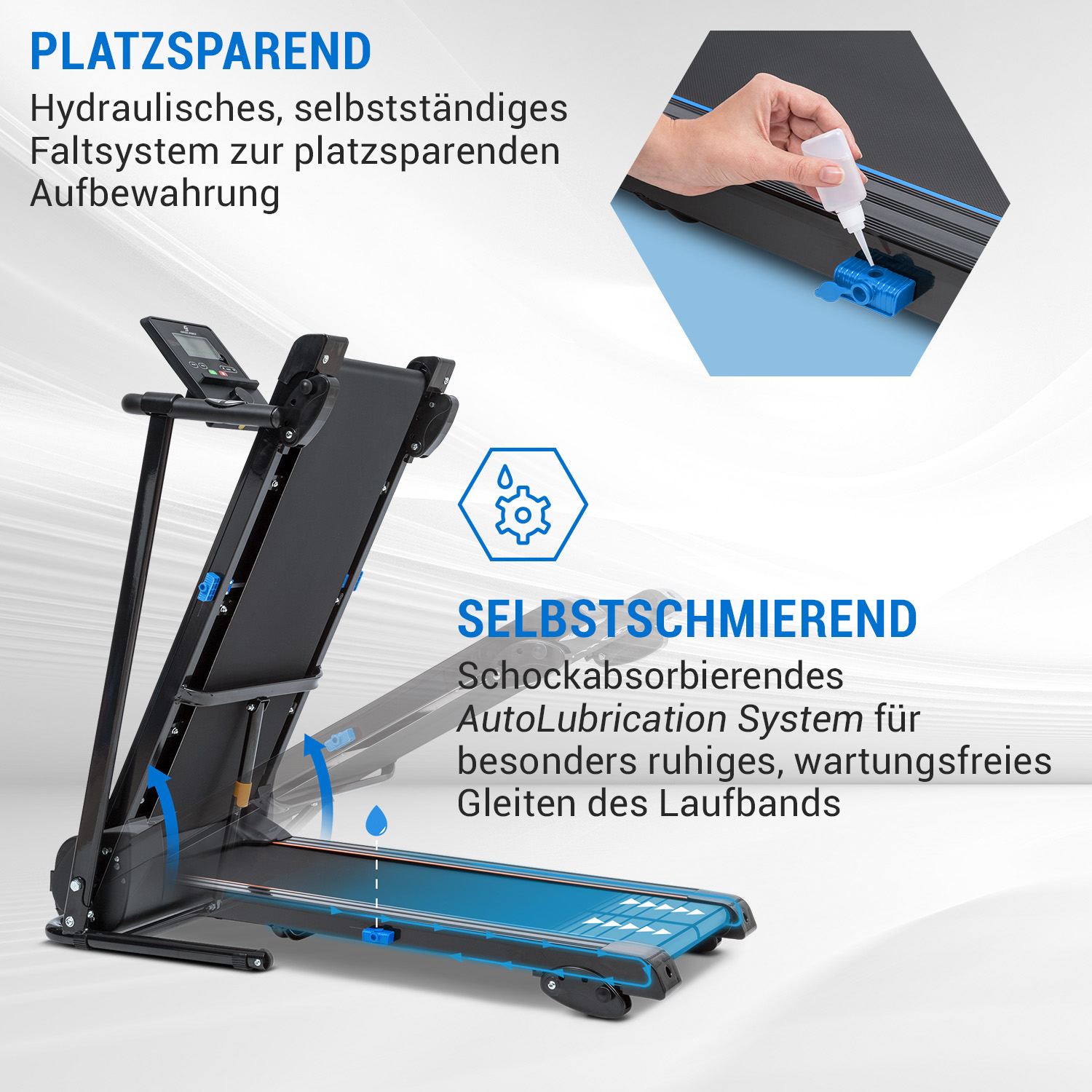 Ein Laufband mit Text, der seine Eigenschaften beschreibt. Das Laufband ist schwarz und blau. Schmiermittel wird hinzugefügt.