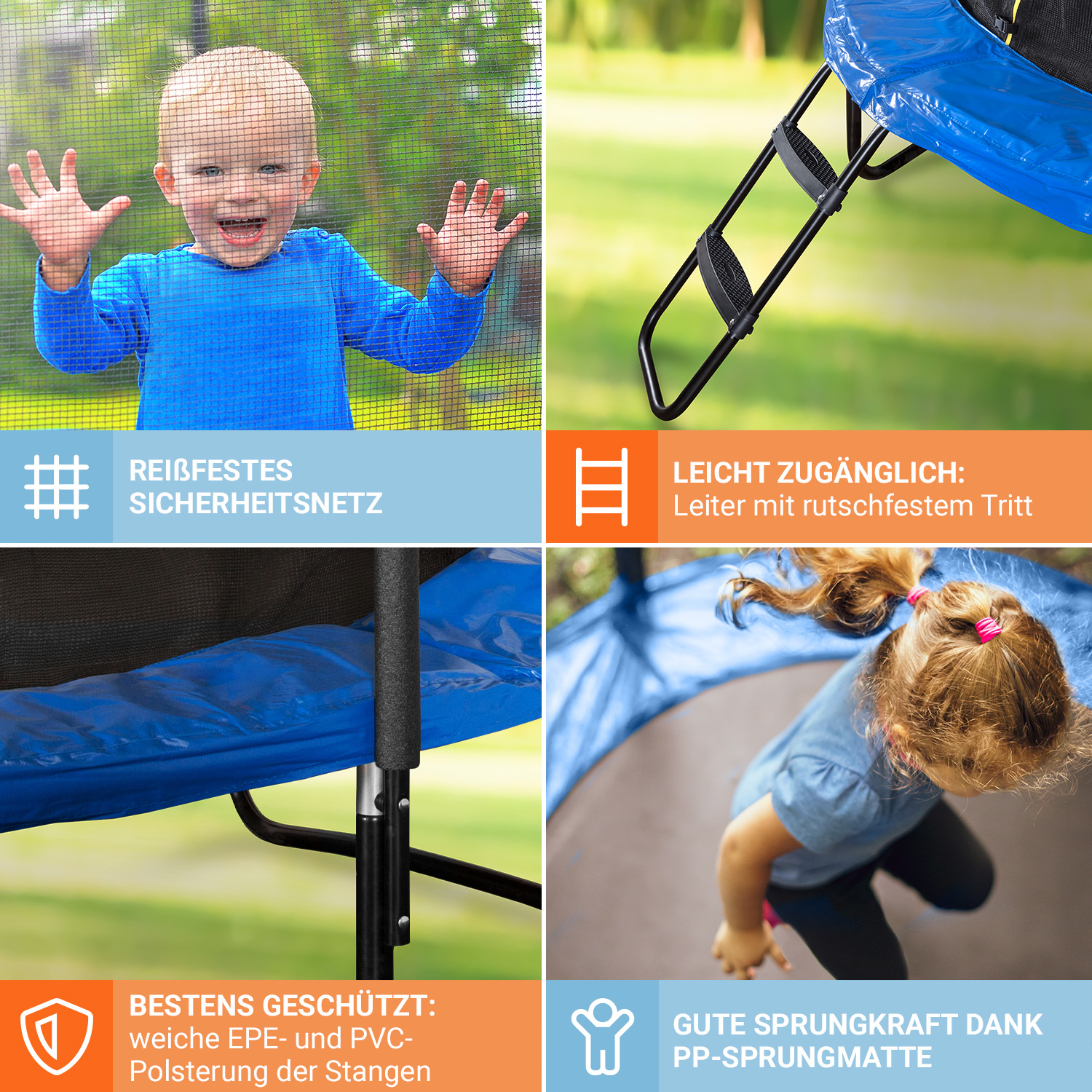 Ein Kind mit Trampolin, das Sicherheitsmerkmale und Designdetails zeigt.