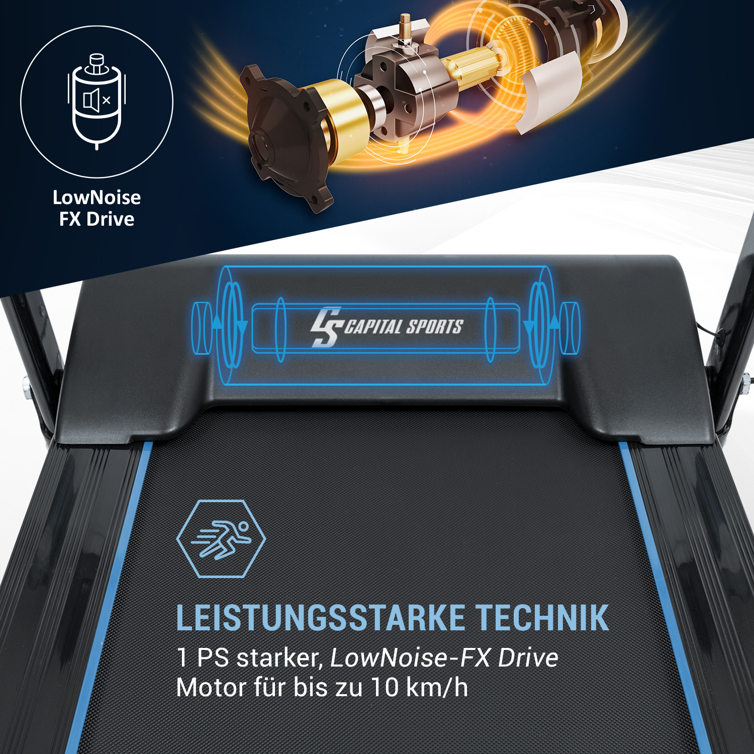 Ein Laufband mit Text, einem Motordiagramm und einem blau-schwarzen Farbschema.