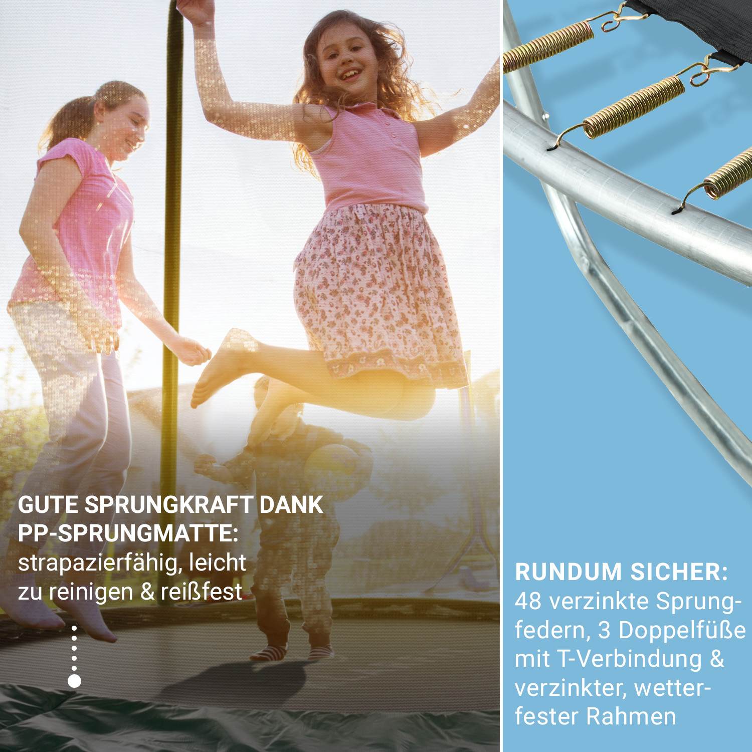 Mädchen springen auf einem Trampolin, Sicherheitsinformationen.