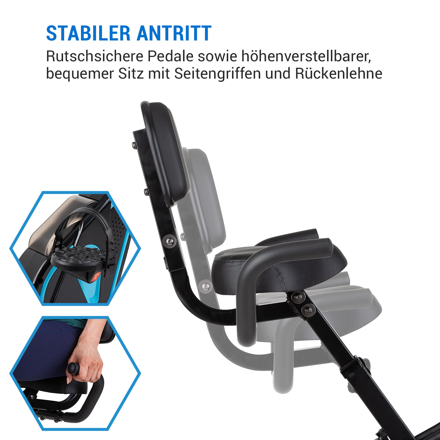 Fahrradsitz mit Rückenlehne und Griffen. Nahaufnahme von Pedalen und Handgriff.