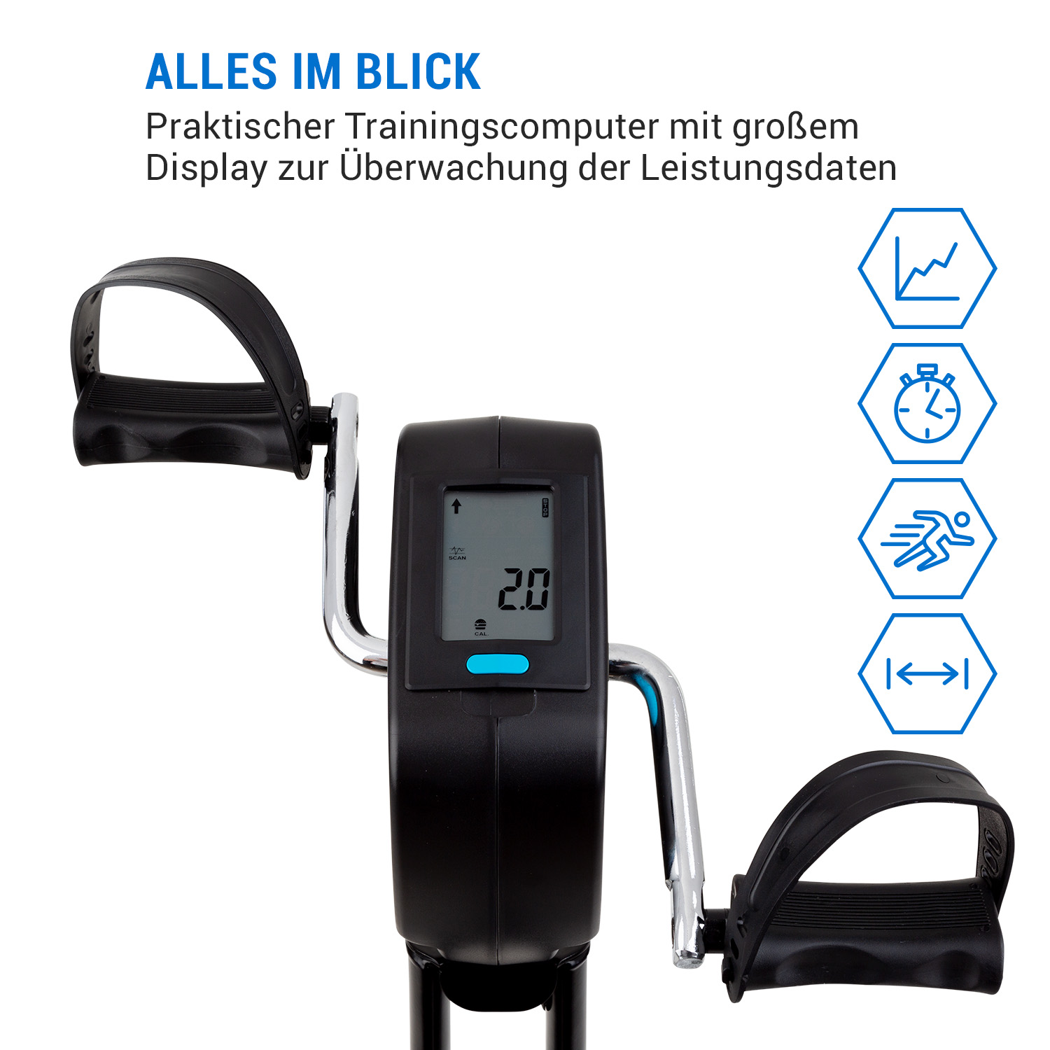 Schwarzes stationäres Trainingsfahrrad mit Digitalanzeige. Merkmale sind Pedale, Display und Rahmen.